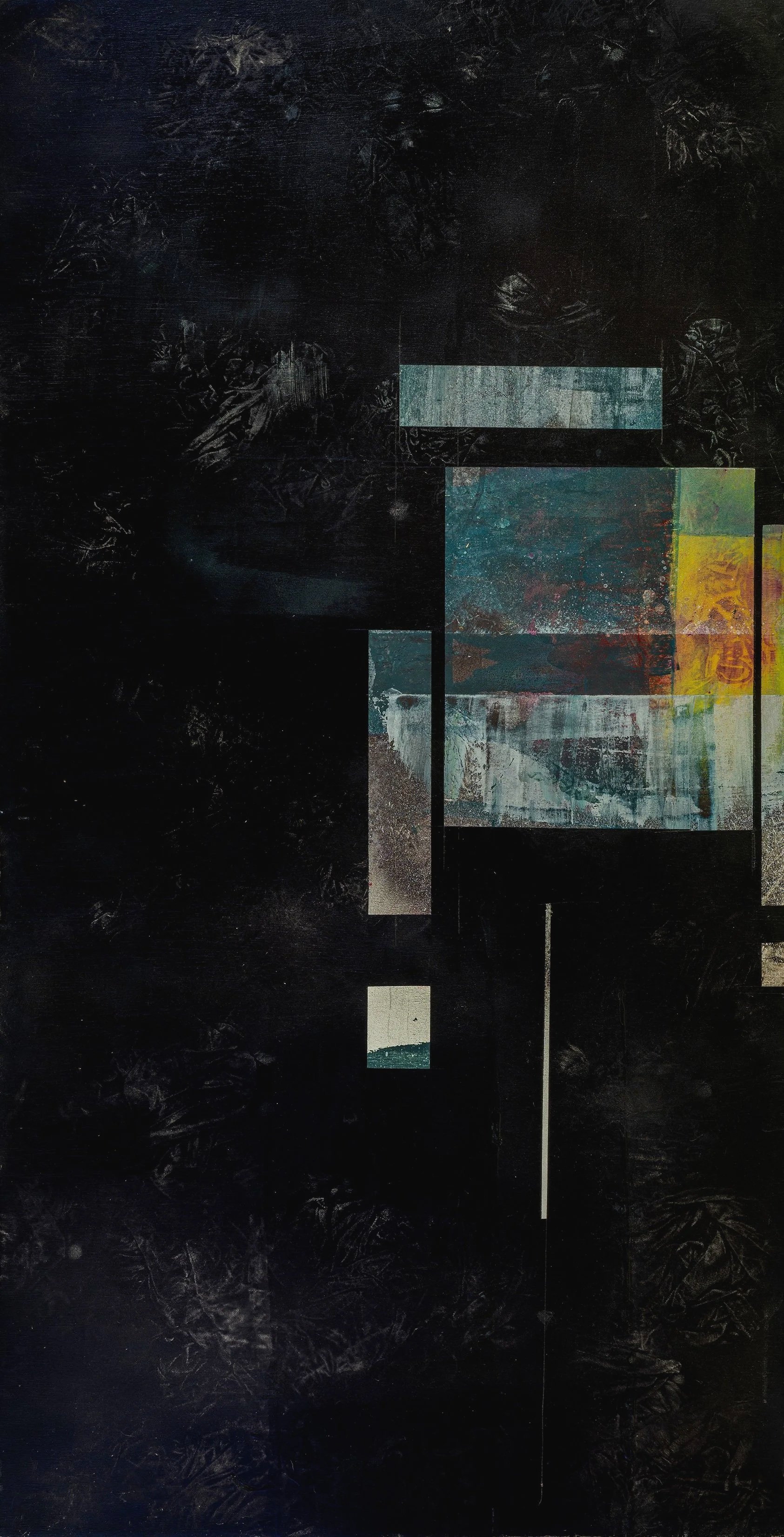 Abstract Series painting by Atlanta artist Aaron O’Connor, OC Studios — oil and acrylic on wood panel featuring layered rectangular forms in teal, gray, and yellow against a dark textured background.