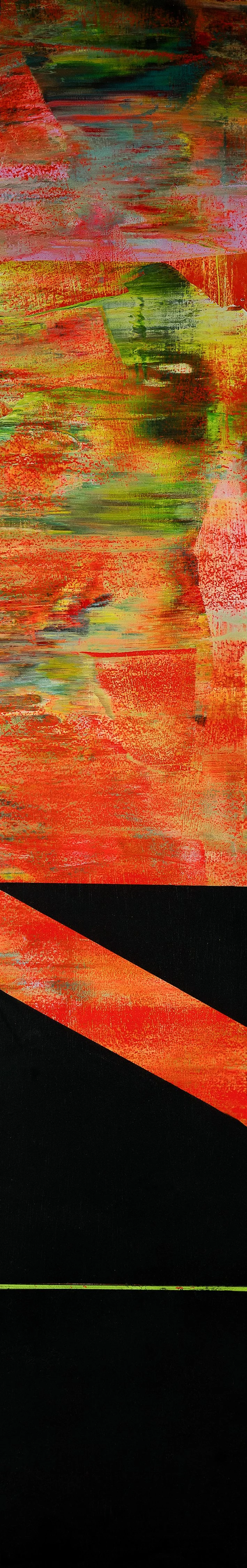 Abstract Series painting by Atlanta artist Aaron O’Connor, OC Studios — oil and acrylic on wood panel featuring layered red, orange, and green color fields intersected by black geometric planes and a thin green line.