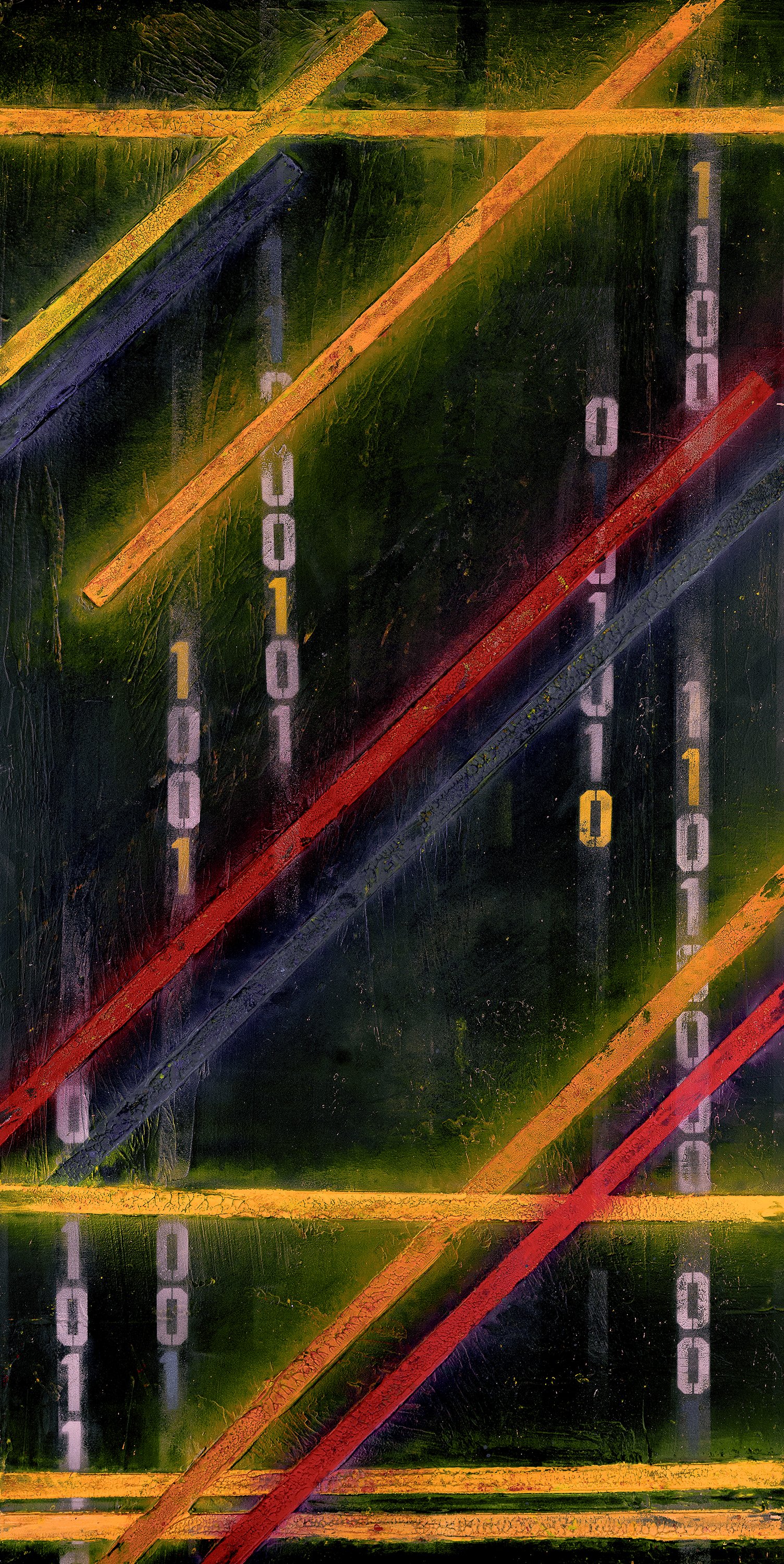 Abstract Series painting Signal Fall by Atlanta artist Aaron O’Connor, OC Studios — oil and acrylic on wood panel featuring thick textured neon bands and falling binary code forms suggesting digital motion and early exploration of color and texture.