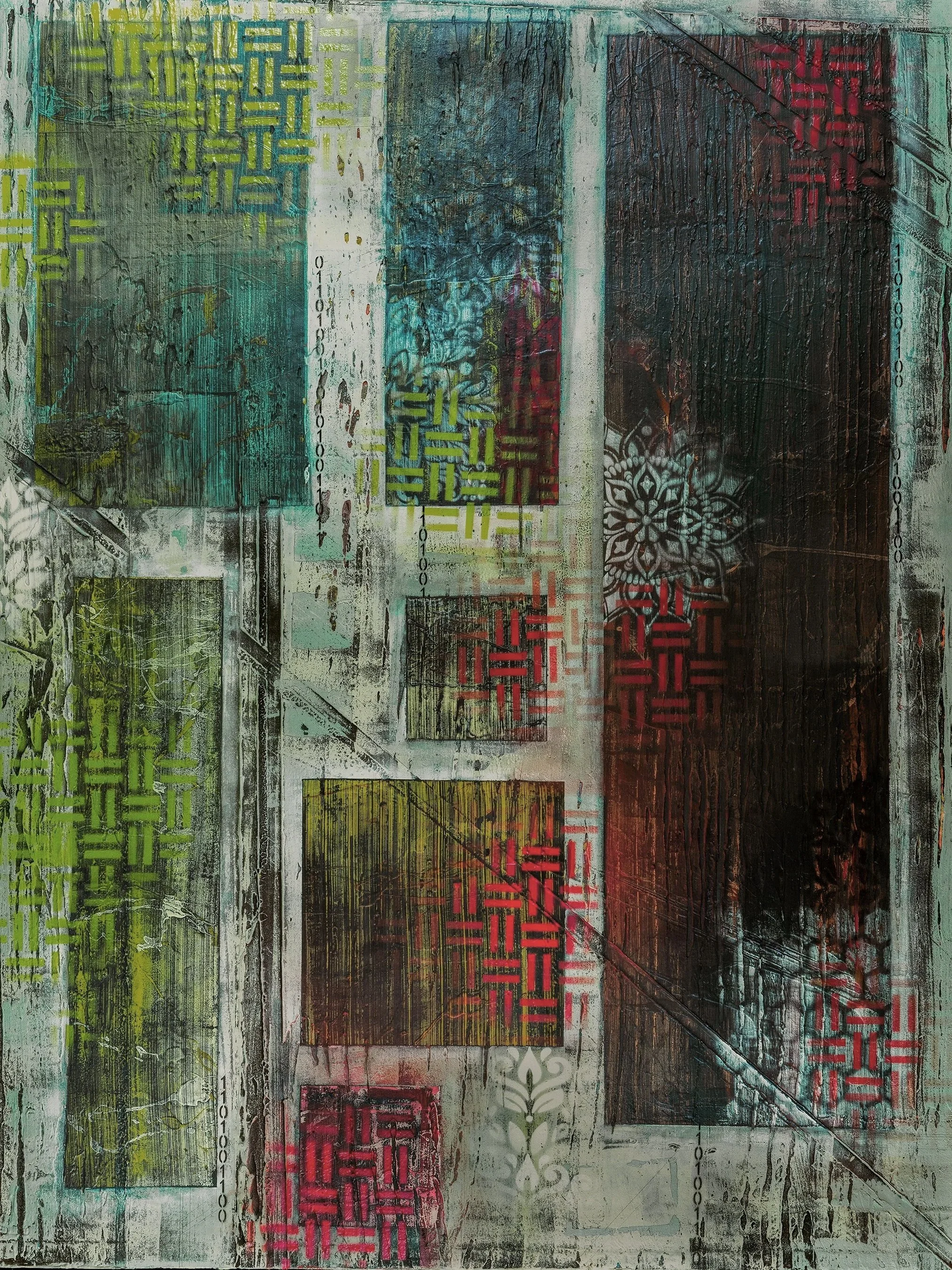 Abstract Series painting Happiness (Summer Sessions) by Atlanta artist Aaron O’Connor, OC Studios — oil and acrylic on wood panel featuring layered rectangular forms, binary code markings, and woven patterns in green, red, and turquoise tones