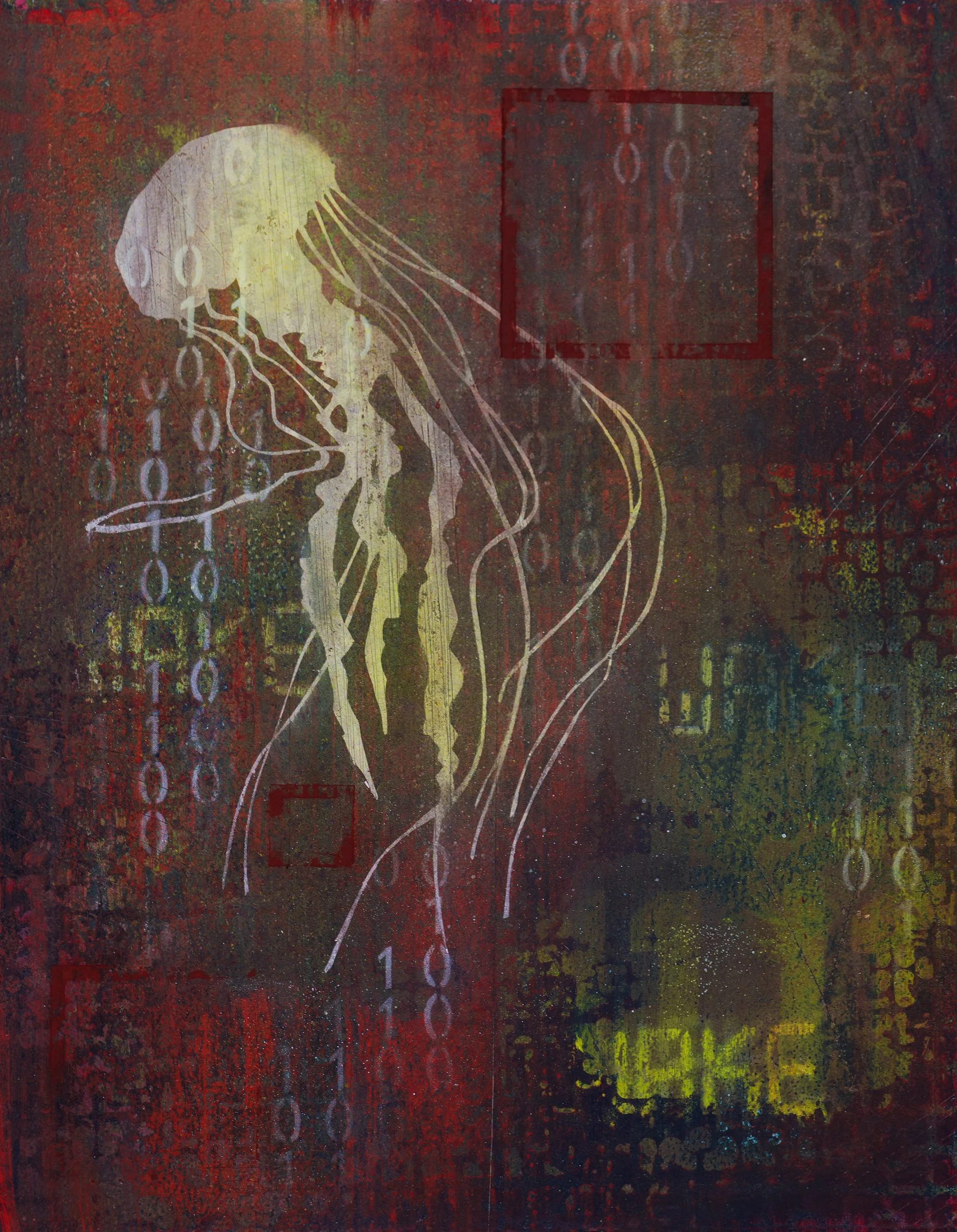 WAKE 01110 oil and acrylic jellyfish painting featuring red haze and binary code from the Aquatics Series by Atlanta artist Aaron O’Connor, OC Studios.