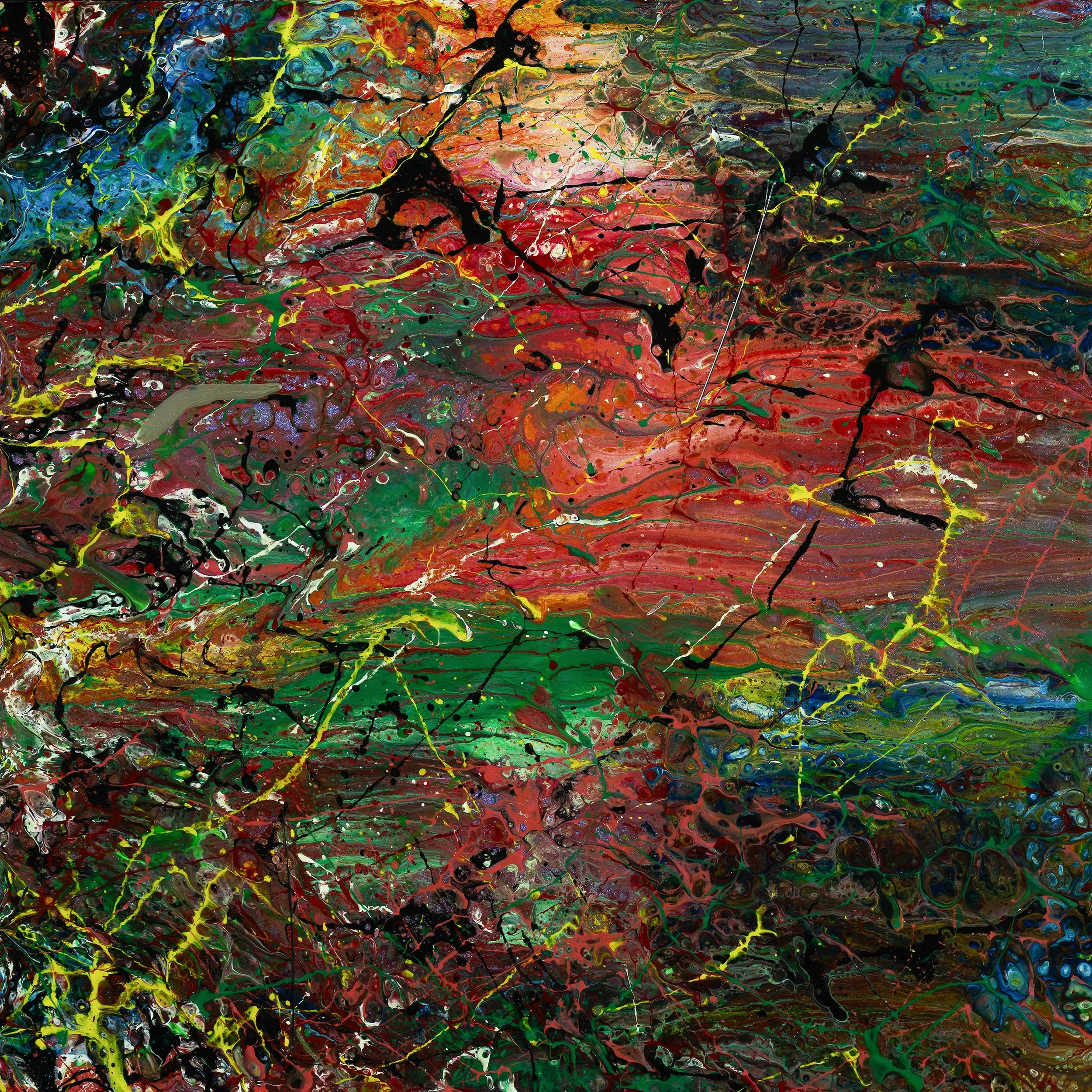 Abstract Series painting Flamenco Sketches No. 9 by Atlanta artist Aaron O’Connor, OC Studios — oil and acrylic on ceramic tile inlaid in walnut cradled frame with vibrant red, green, and blue layered forms