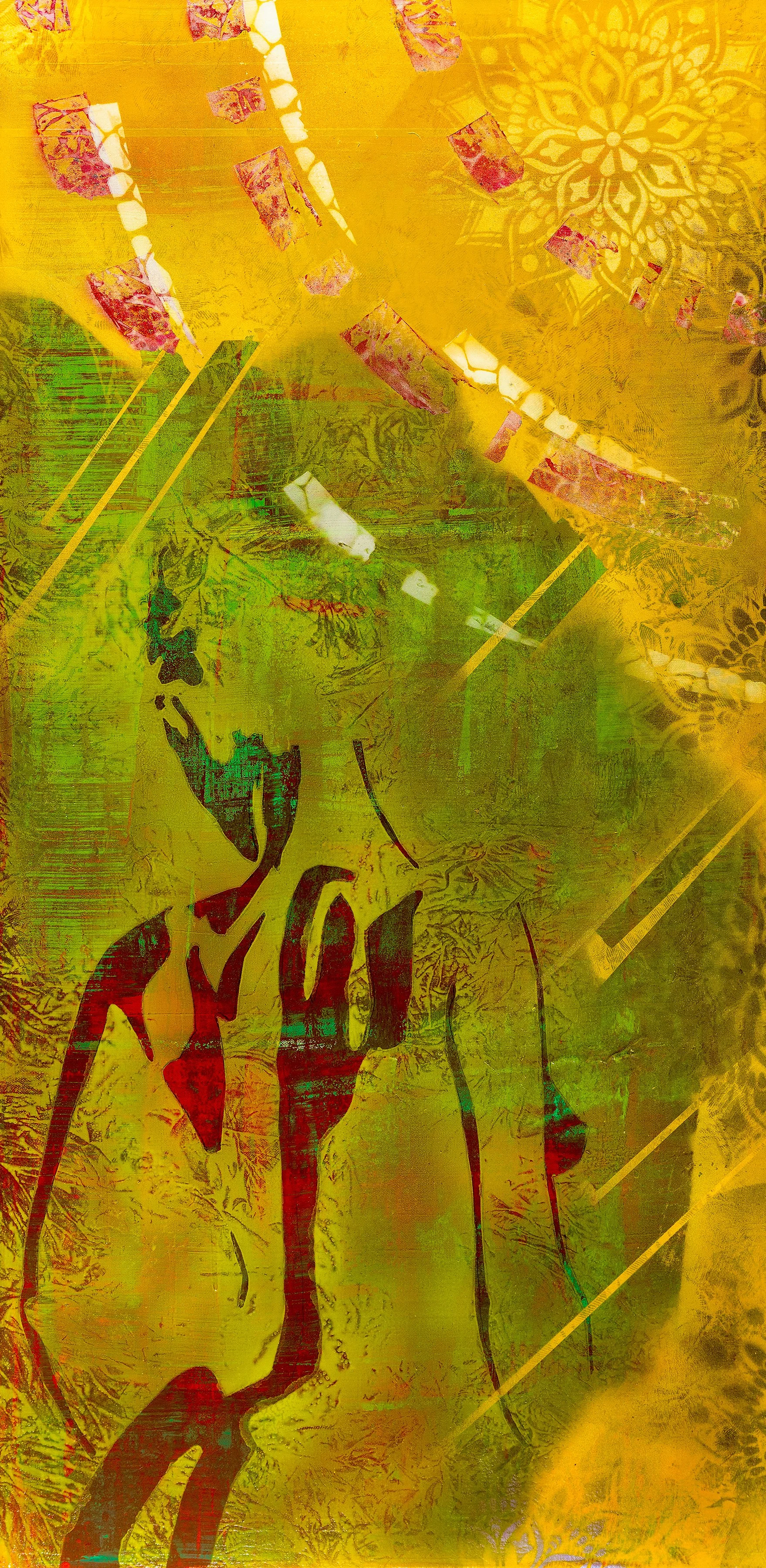 Abstract Series painting I Found Her in the Summer by Atlanta artist Aaron O’Connor, OC Studios — oil and acrylic on wood panel featuring a female silhouette emerging through layered yellow, green, and red textures with floral and geometric patterns.