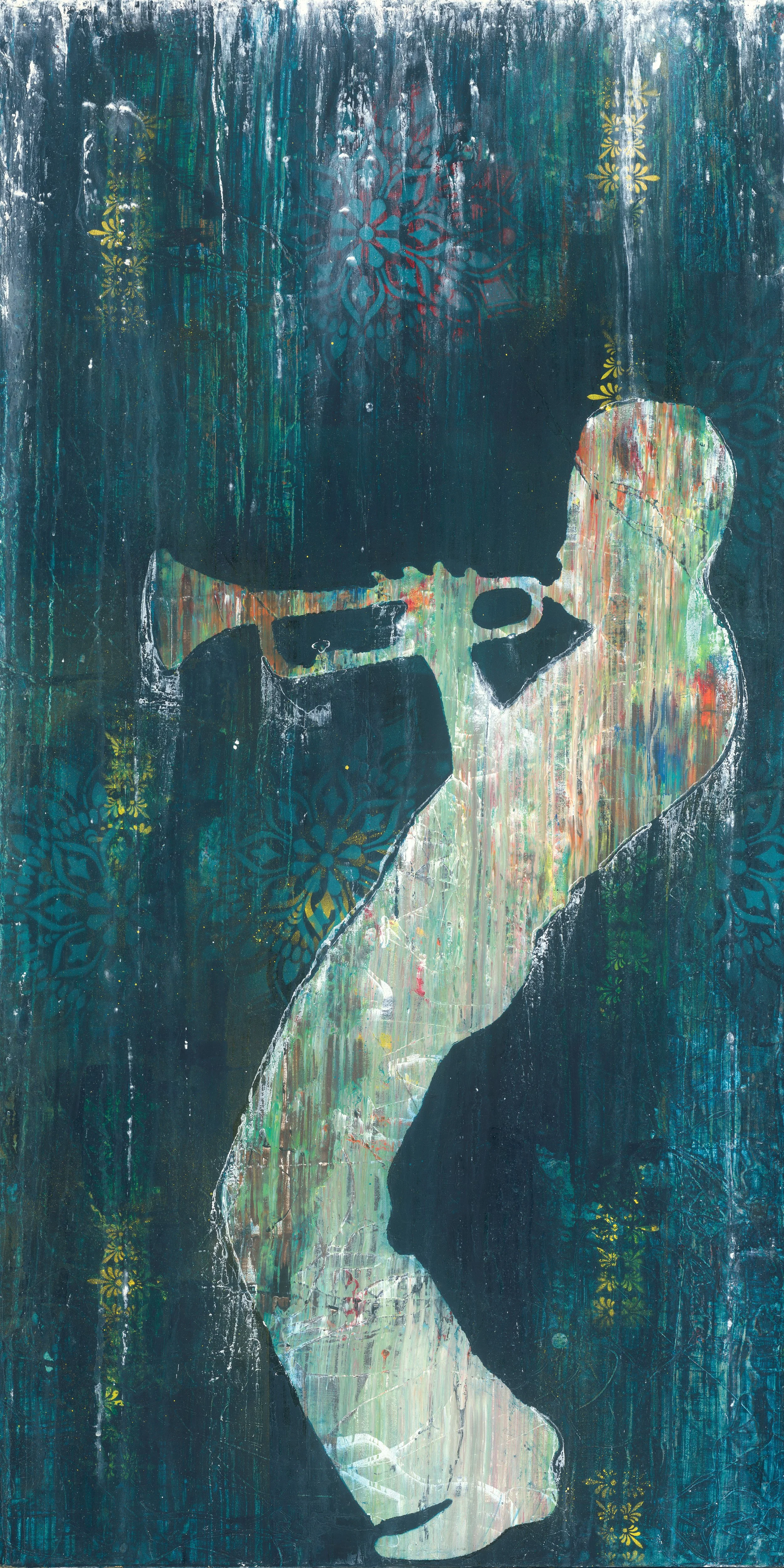 Miles Davis So What by Atlanta artist Aaron OConnor OC Studios oil and acrylic on wood panel featuring a silhouette of Miles Davis playing trumpet against deep teal and multicolor textures with geometric patterns suggesting rhythm and improvisation.