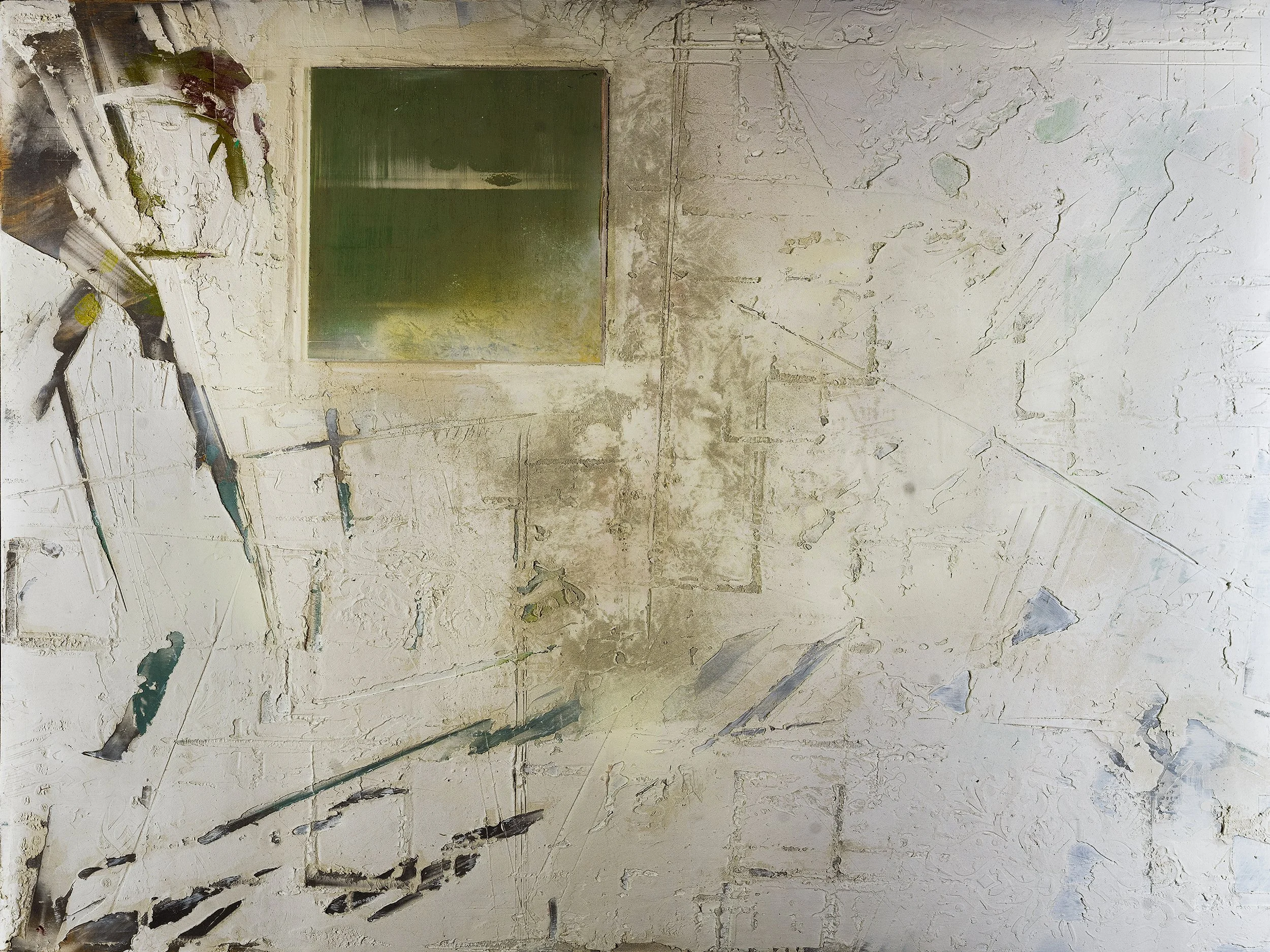 Abstract Series painting by Atlanta artist Aaron O’Connor, OC Studios — oil and acrylic on wood panel featuring a textured white surface with geometric impressions and a soft green inset suggesting a horizon.
