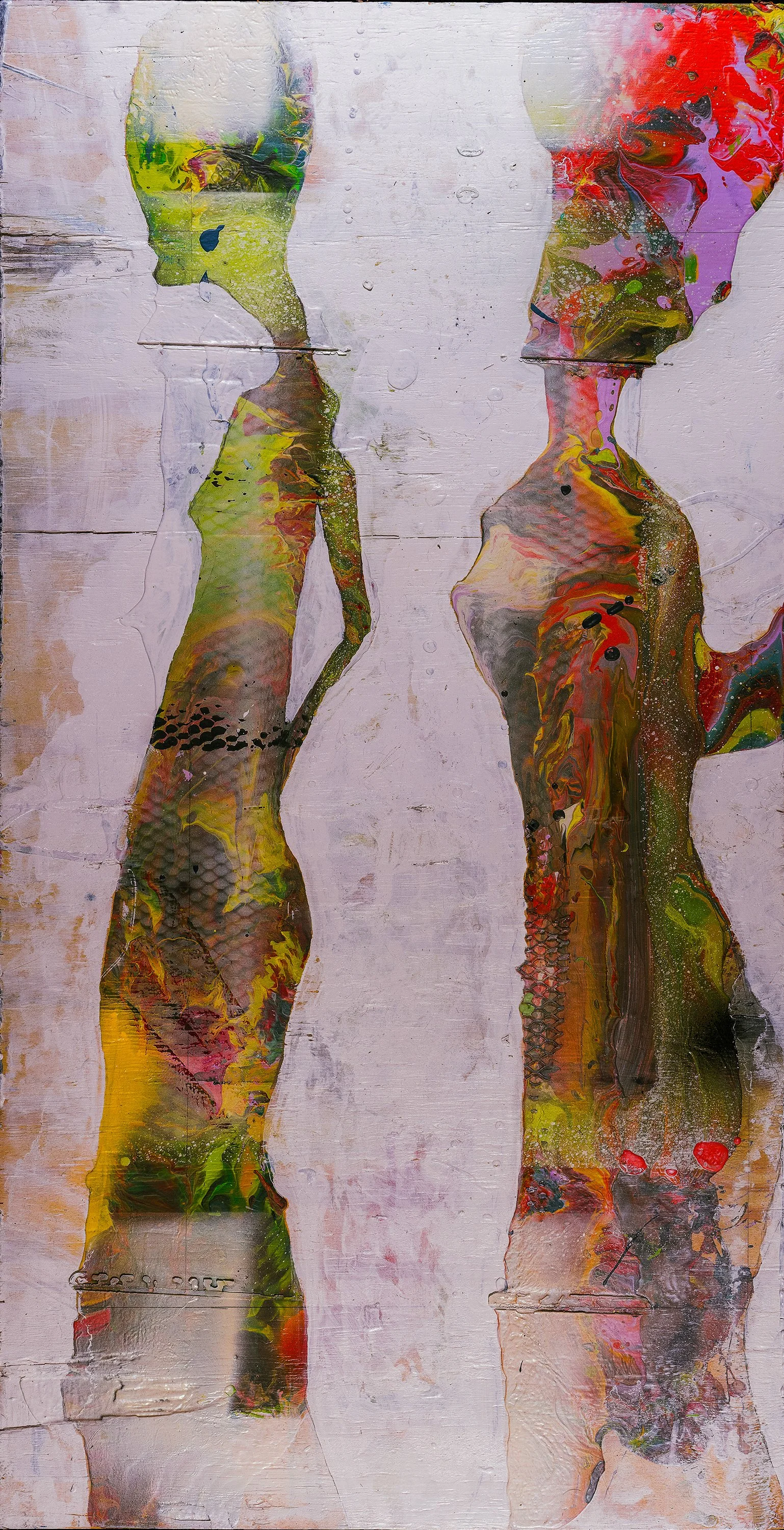 Abstract Series painting by Atlanta artist Aaron O’Connor, OC Studios — oil and acrylic on wood panel influenced by the story of the Radium Girls, depicting two elongated figures in layered green, yellow, and red tones against a pale ground.