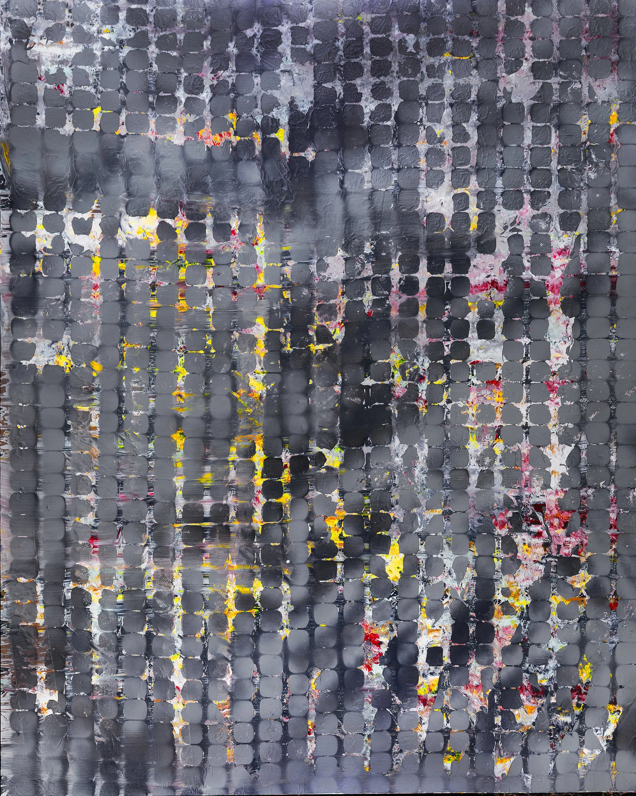 Abstract Series painting by Atlanta artist Aaron O’Connor, OC Studios — oil and acrylic on wood panel featuring a grid of rounded squares in gray tones with layered textures and scattered yellow and red accents.