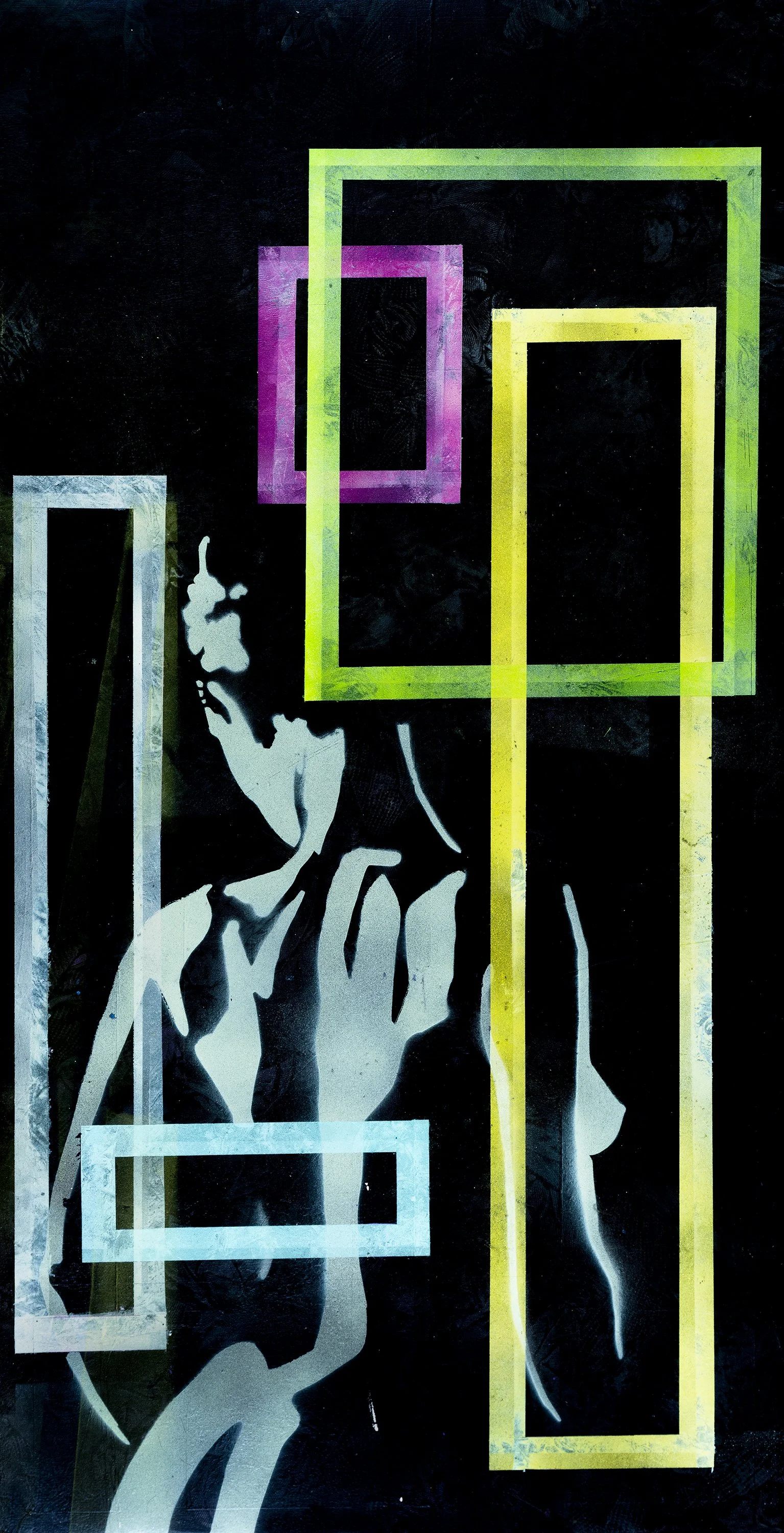 Abstract Series painting The Geometry of Beauty by Atlanta artist Aaron O’Connor, OC Studios — oil and acrylic on wood panel featuring a female silhouette framed by rectangular geometric forms in yellow, pink, and white against a black background.