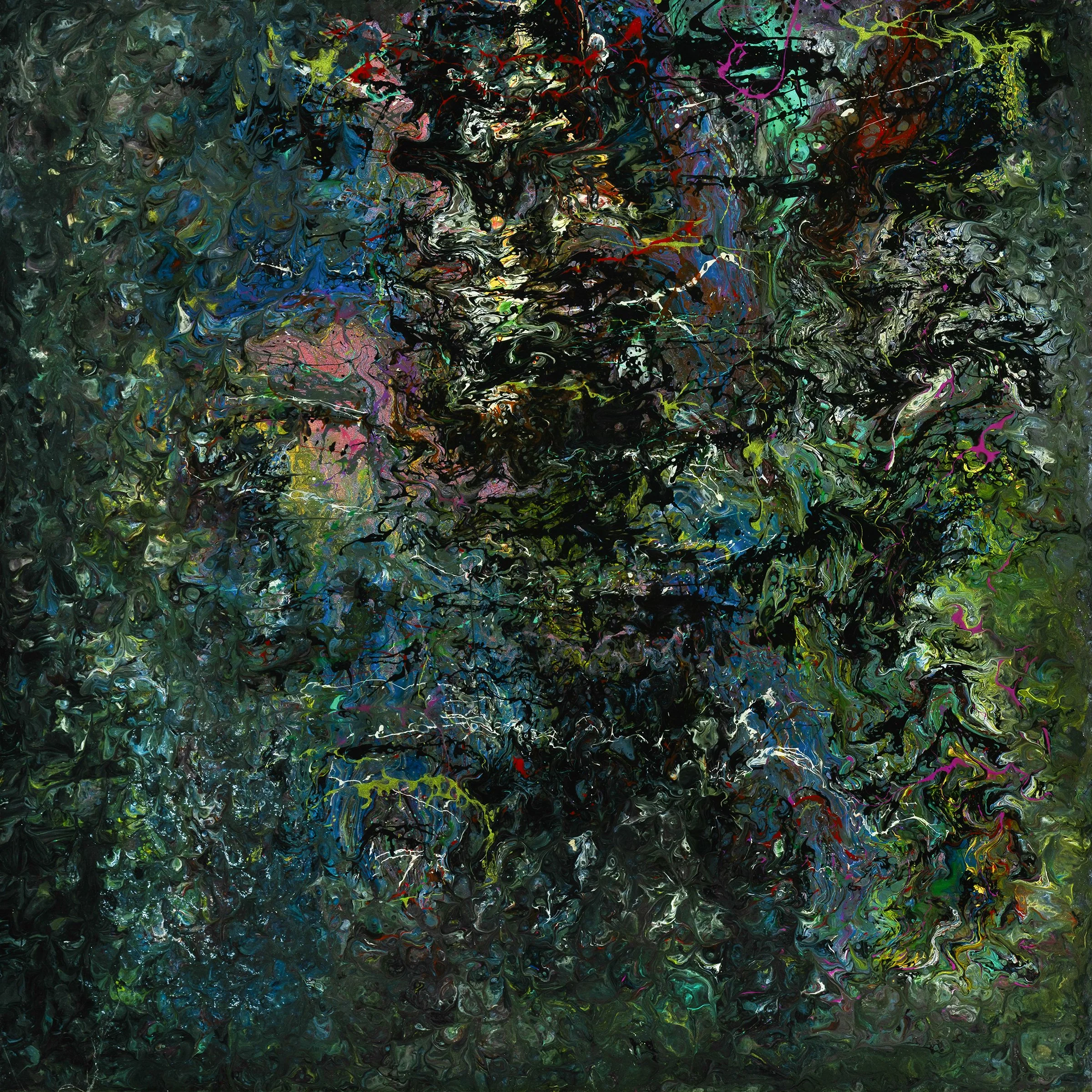 Abstract Series painting Blue In Green No. 4 by Atlanta artist Aaron O’Connor, OC Studios — oil and acrylic on ceramic tile inlaid into walnut and set within a walnut shadow box frame with layered green and blue forms