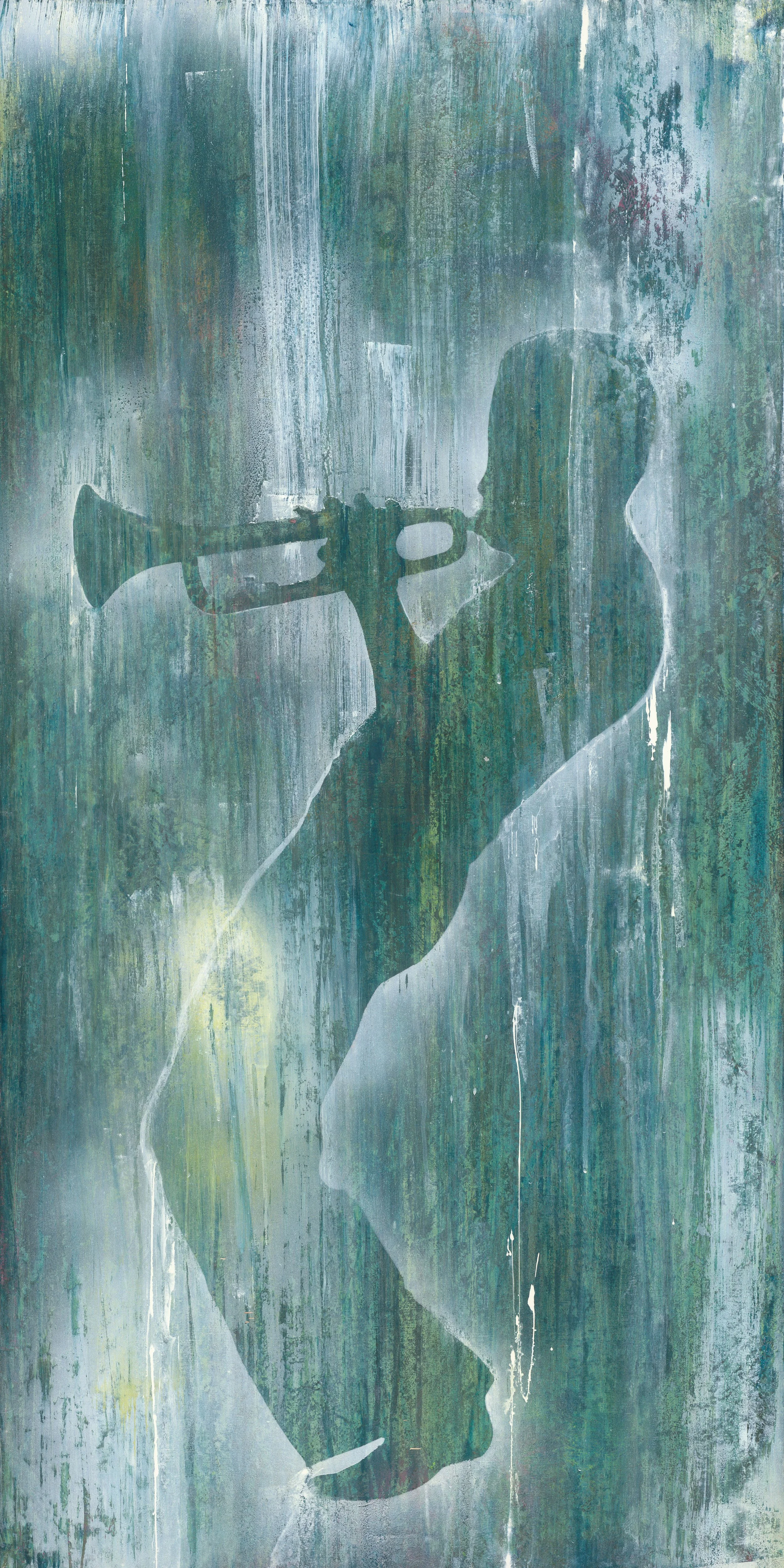 Jazz Series painting Miles Davis: Blue in Green by Atlanta artist Aaron O’Connor, OC Studios — oil and acrylic on wood panel featuring a silhouette of Miles Davis playing trumpet amid textured blue‑green vertical streaks evoking sound and motion.