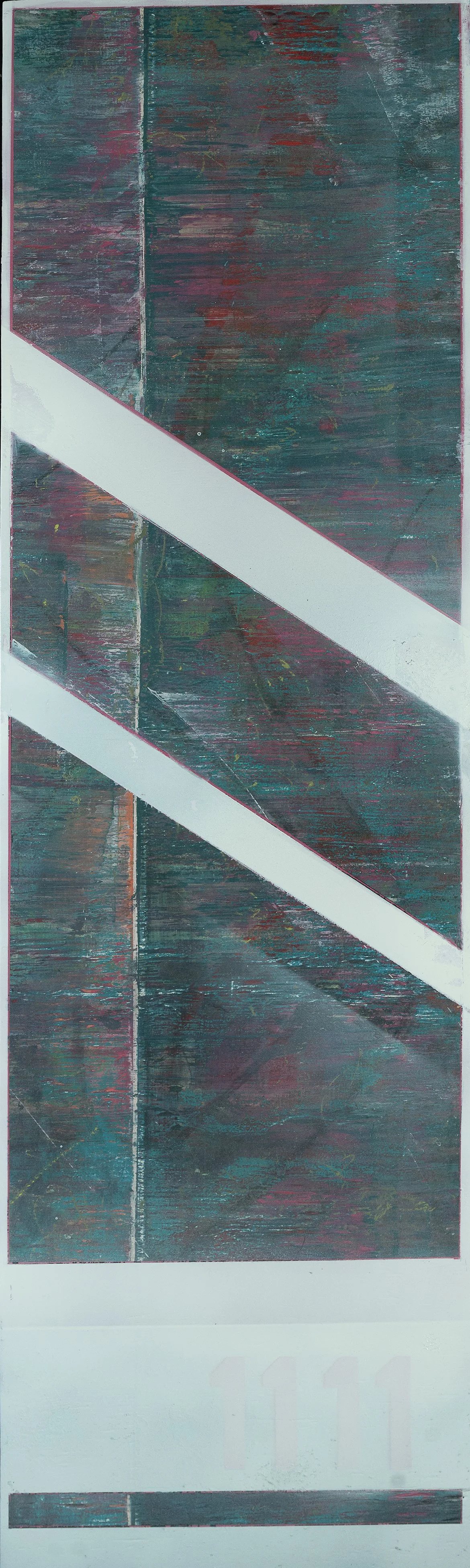 Abstract Series painting 1111 by Atlanta artist Aaron O’Connor, OC Studios — oil and acrylic on wood panel featuring diagonal white bands over layered teal and violet textures with subtle numerical markings suggesting closure and signal alignment.