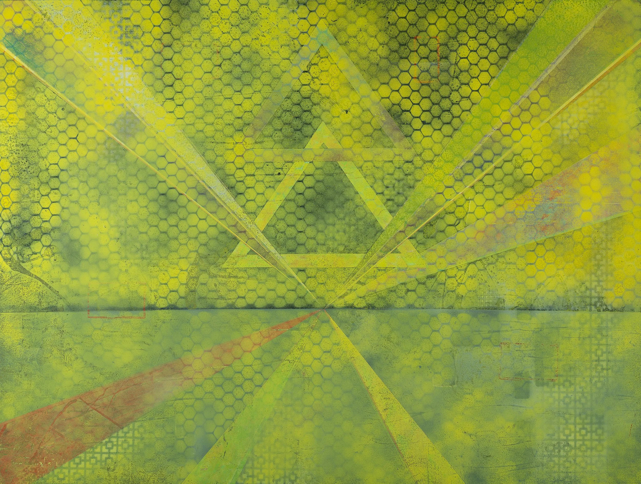 Abstract Series painting Untitled 79 by Atlanta artist Aaron O’Connor, OC Studios — oil and acrylic on wood panel featuring hexagonal patterns, triangular geometry, and radiating yellow‑green light suggesting energy and motion.