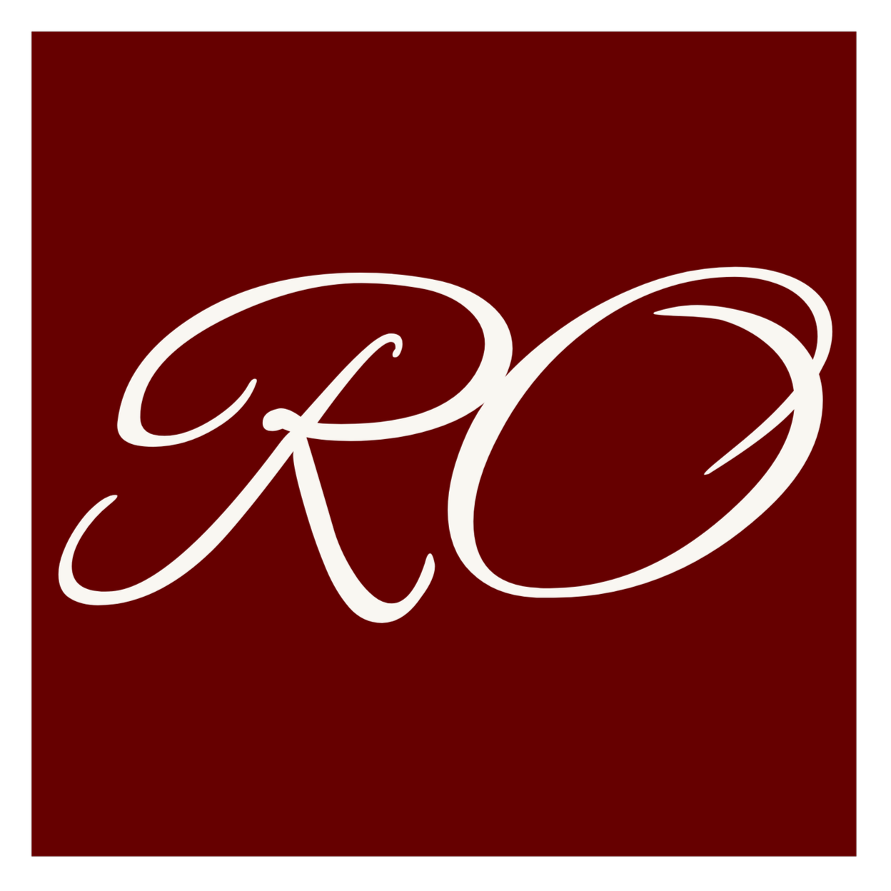 White cursive initials 'R' and 'O' on a dark red background.