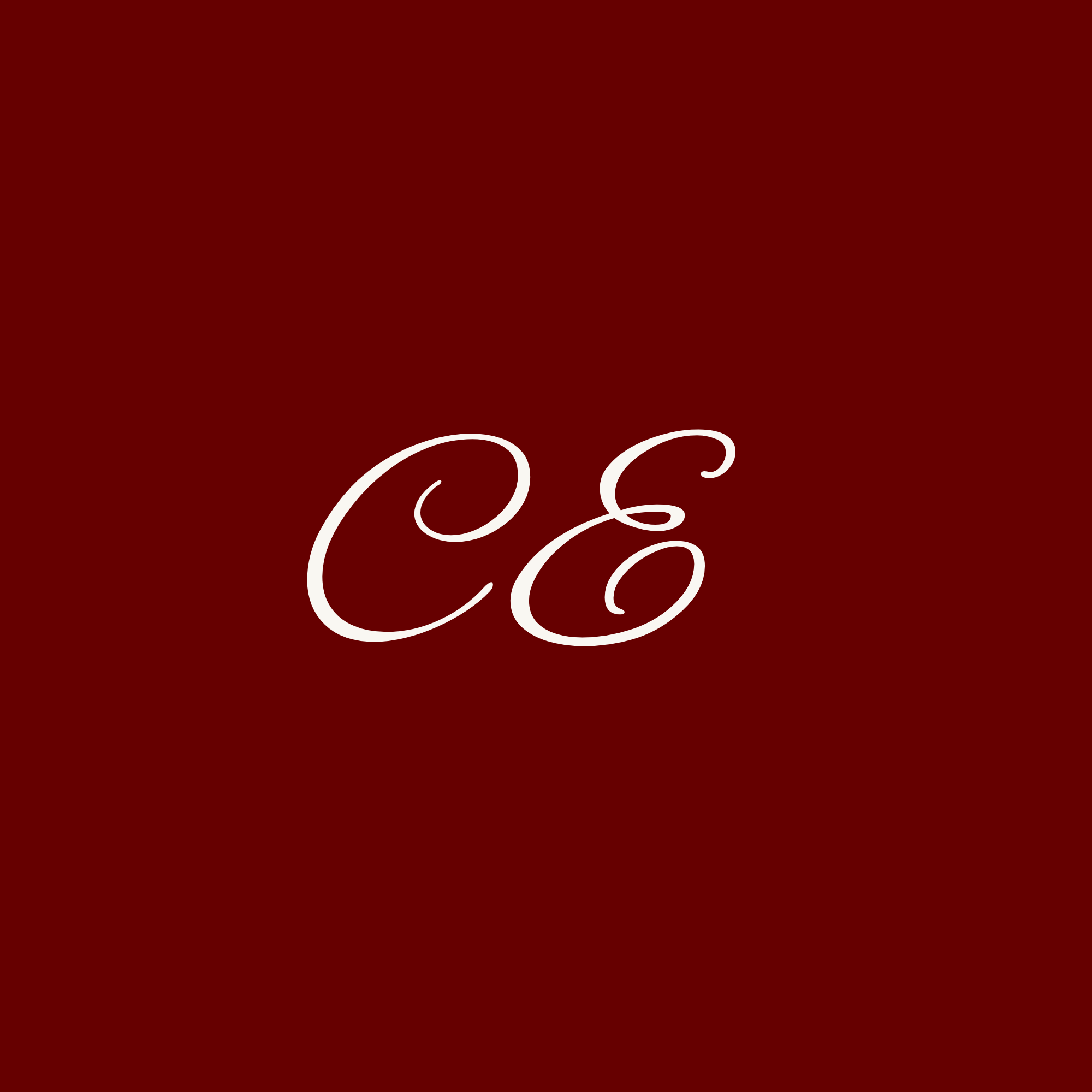 A maroon background with white cursive initials 'C' and 'E' in the center.