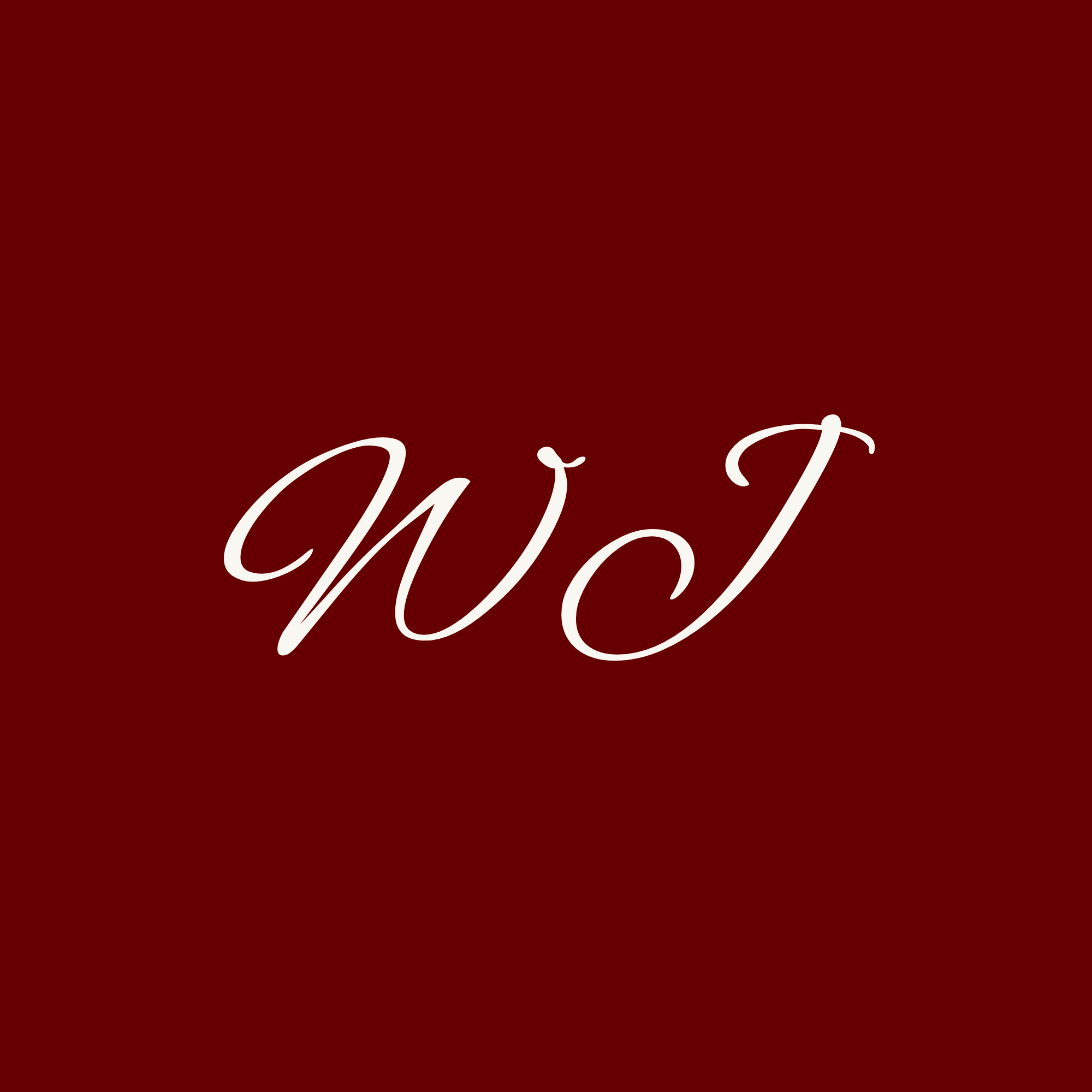 Maroon background with white cursive initials 'WJ' in the center