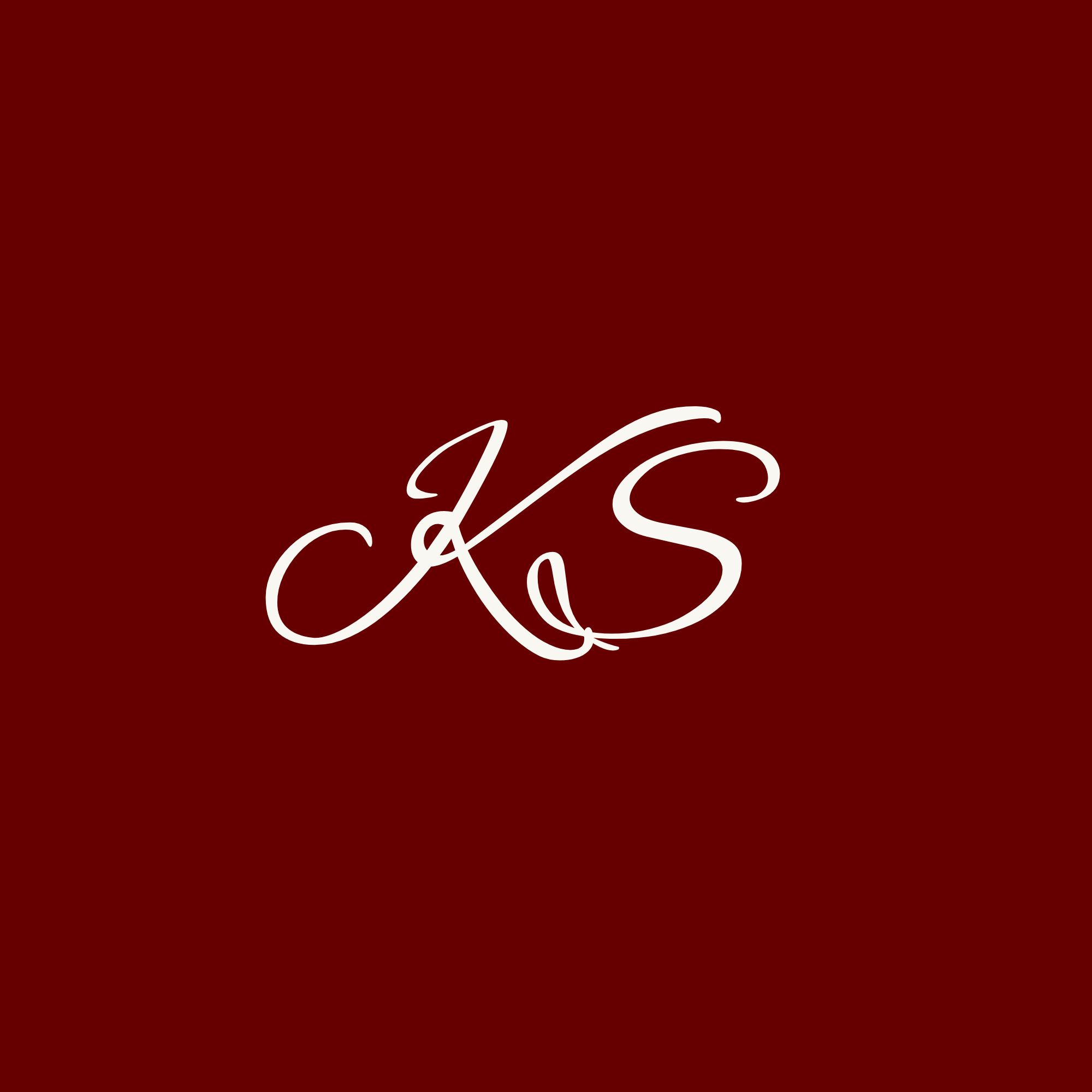 Stylized initials 'K' and 'S' in white cursive font on a dark red gradient background.