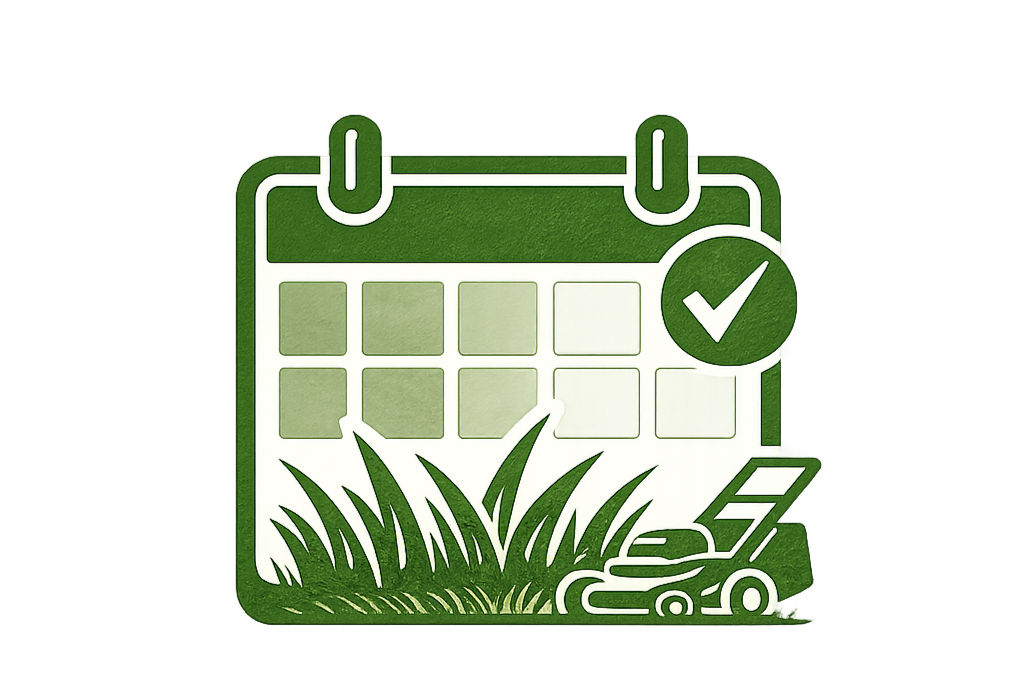 Calendar with a green checkmark, grass, and a lawn mower icon.