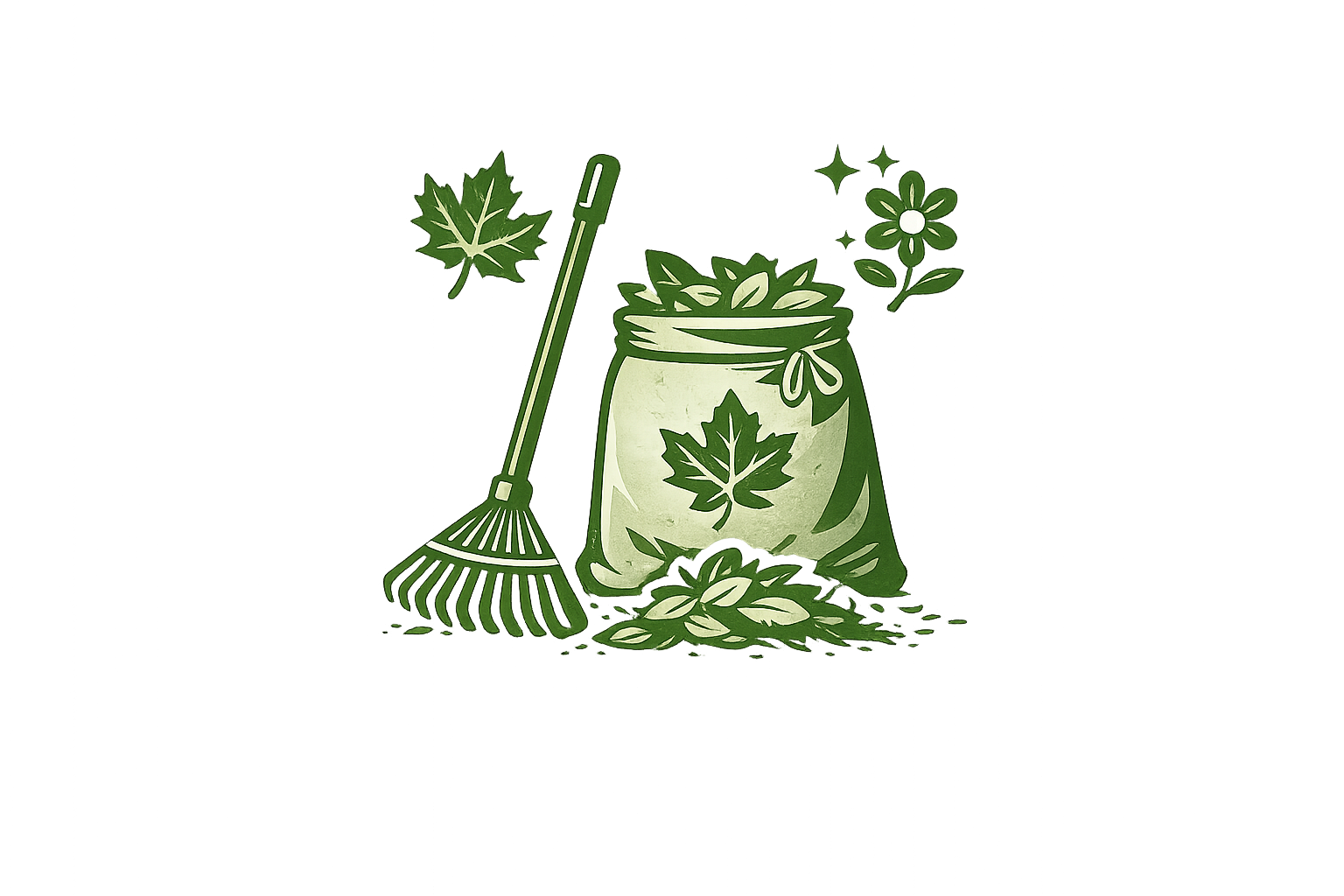 Illustration of gardening tools and plants, including a rake, a container with a leaf emblem, and potted plants, on a table.