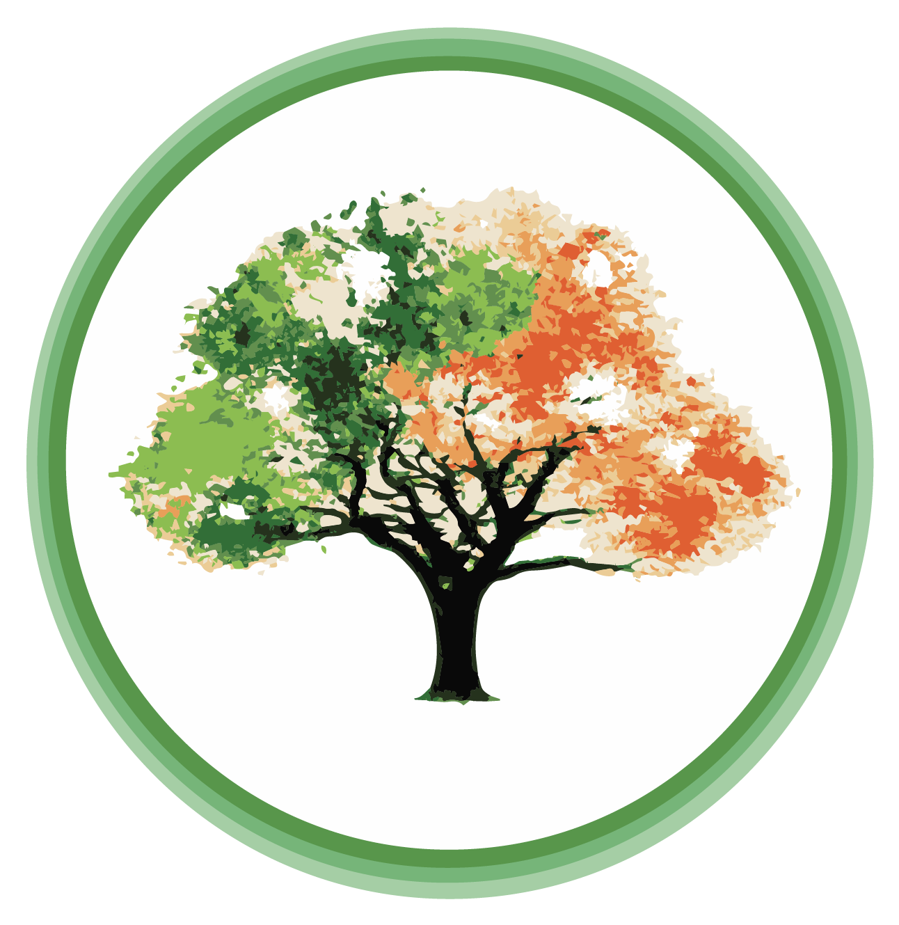 A circular logo featuring a multi-colored tree with green and orange leaves, enclosed by a green ring.