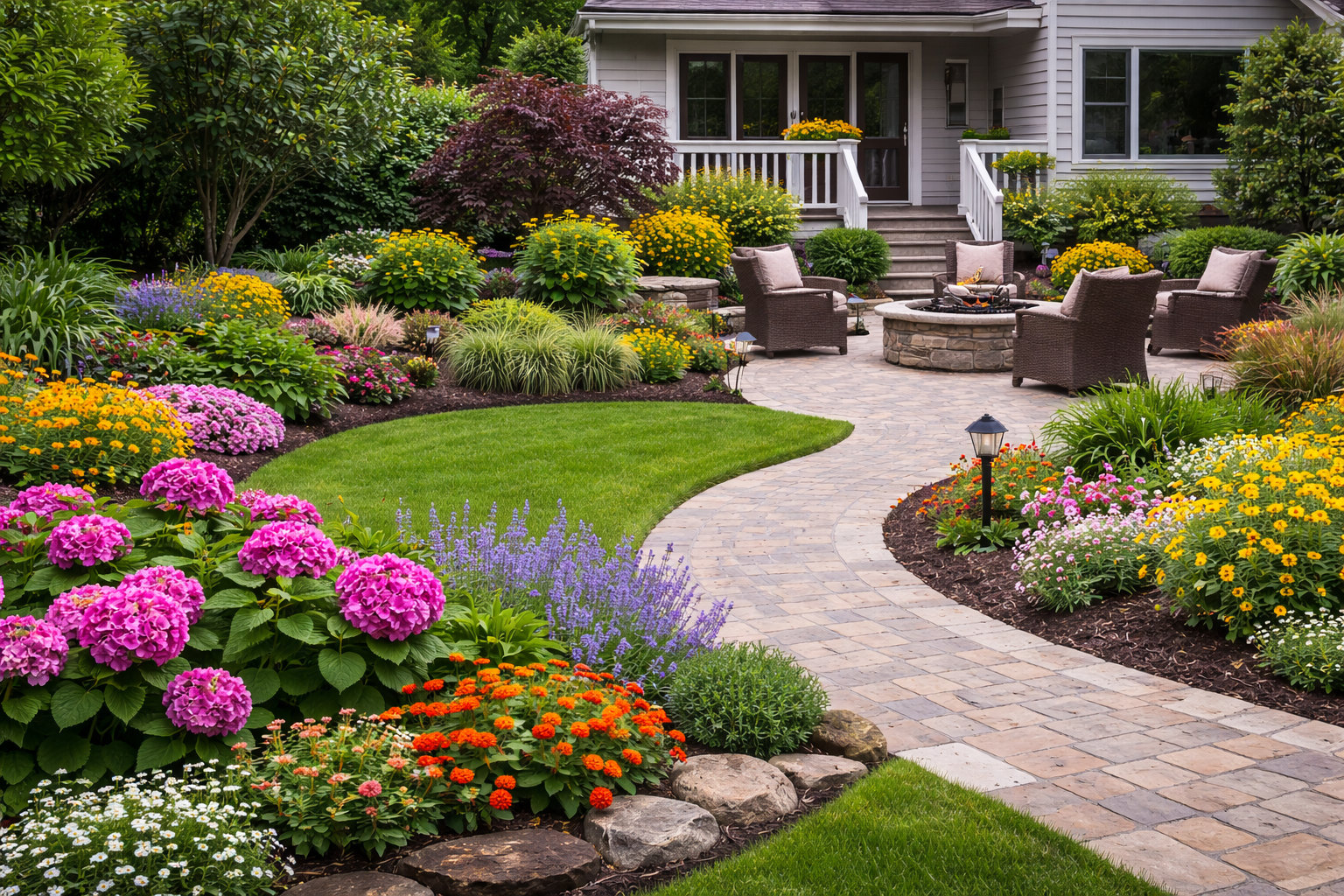 Beautiful backyard garden with colorful flowers, a curved stone pathway, a cozy seating area with four wicker chairs and a stone firepit, surrounded by lush green trees and shrubs.