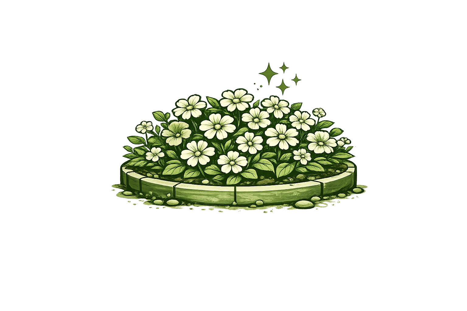 Illustration of a garden bed with white flowers and green leaves, surrounded by small stones, with sparkling stars above.