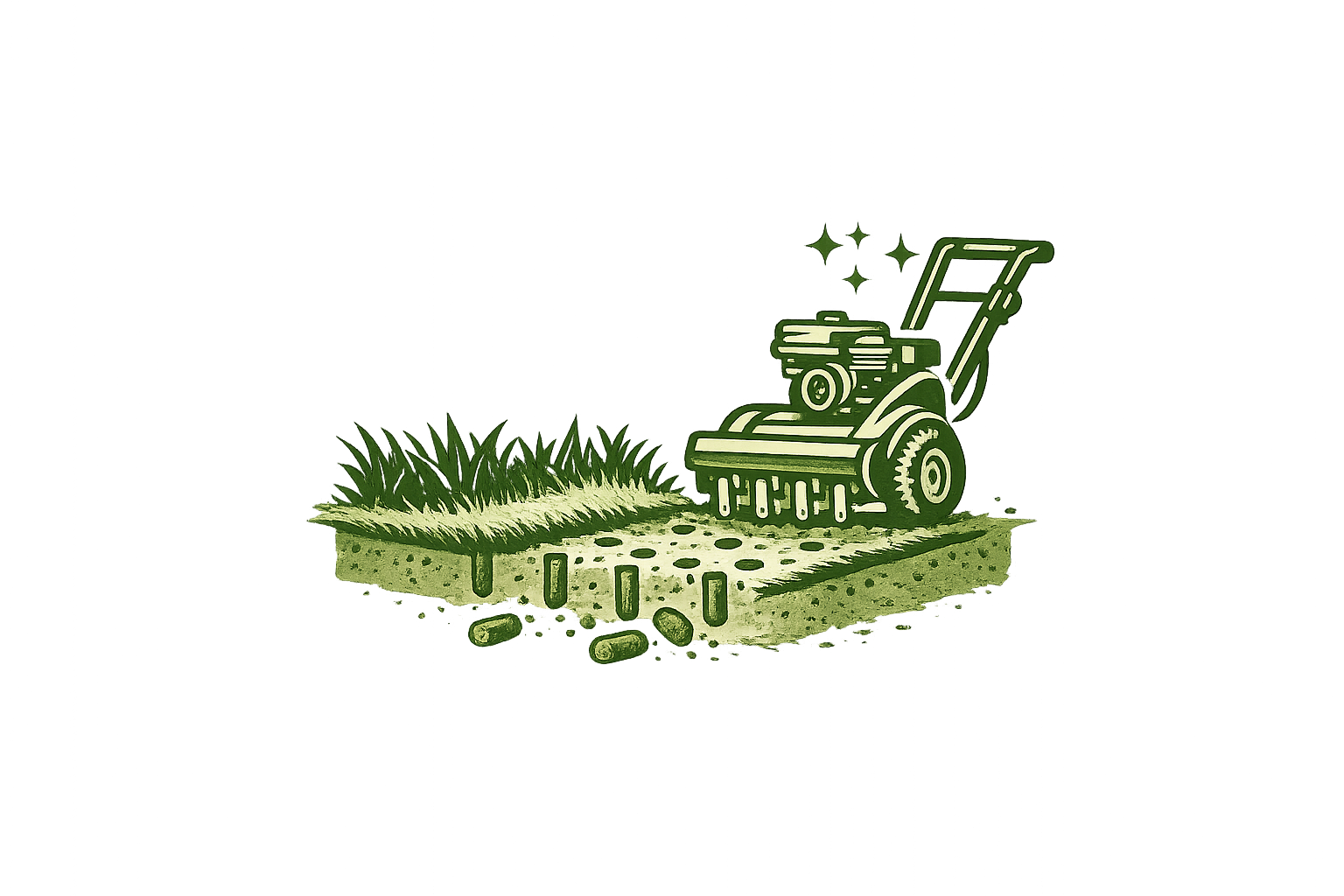 A stylized illustration of a lawn mower with grass in front and a red, blue, and black abstract background.
