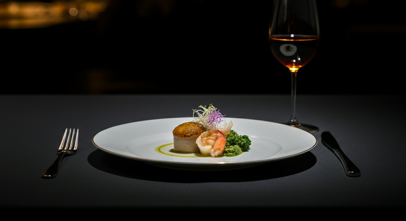 An elegant dinner plate with seafood, a small piece of fried food, and garnishes, set with a fork and knife on a black table, with a glass of rosé wine in the background.