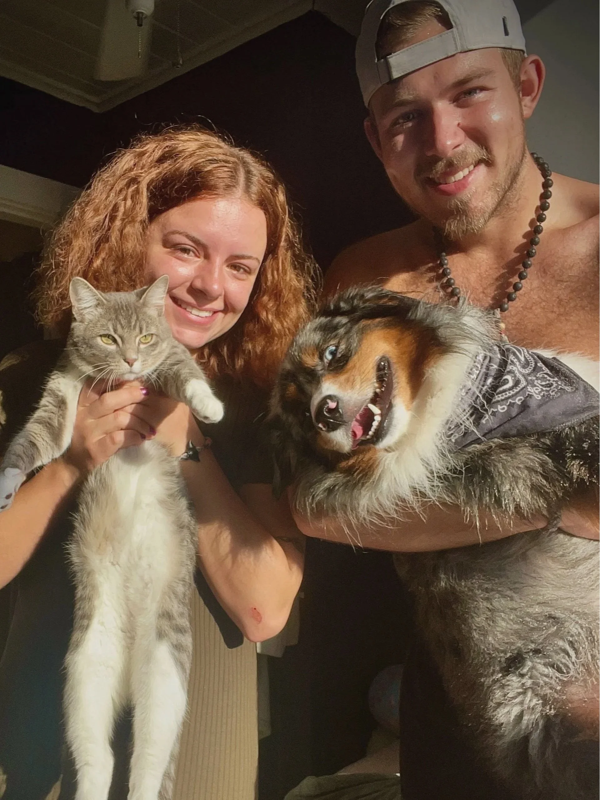 A couple of smiling people, a woman with curly red hair holding a grey cat, and a man with a beard and a backwards cap holding a happy Australian Shepherd dog, posing indoors for a photo.