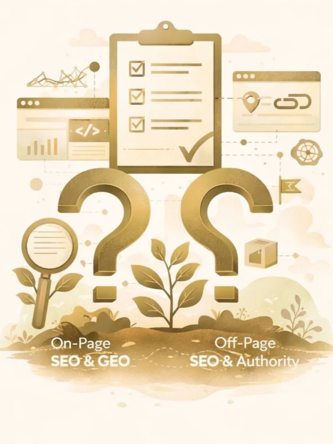 Illustration comparing on-page SEO and off-page SEO. It features a magnifying glass, a clipboard with checkmarks, question marks, and icons representing web elements like charts, code, and links, all in a sepia tone.