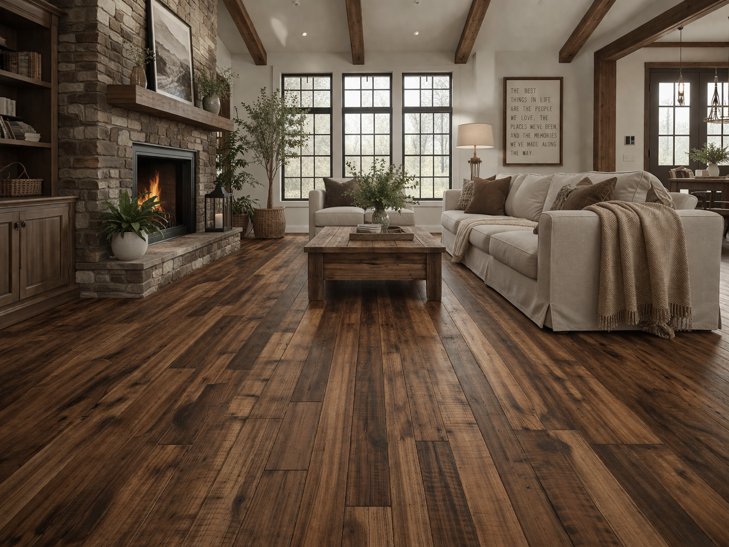 Rustic Cabin room with Brilliant hardwood floors, medium brown with variation and rustic feel.