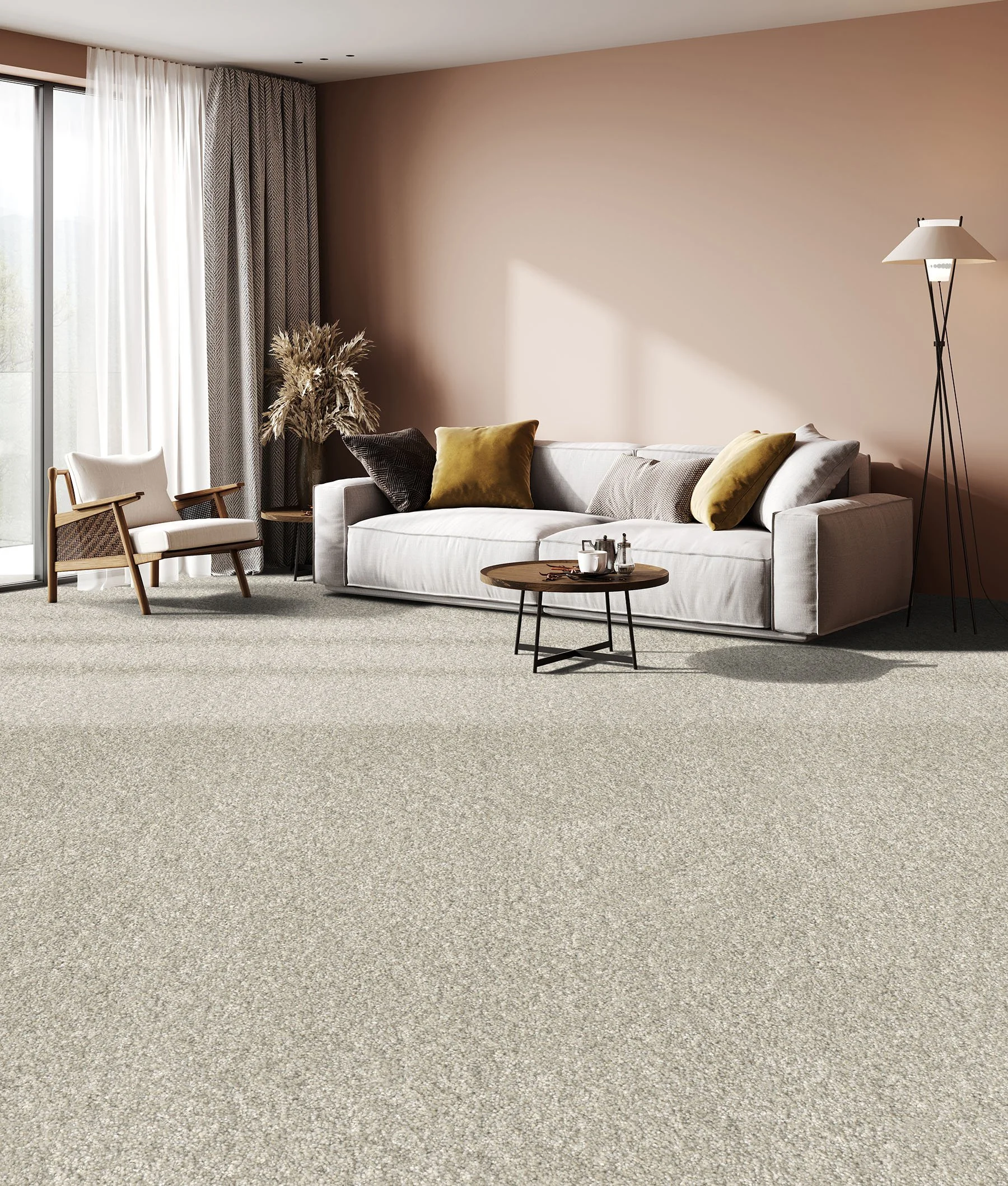 Affinity 1, Bisque, a large room with a light carpet, soft, plush.  high quality.  Engineered Floors, Dream weaver