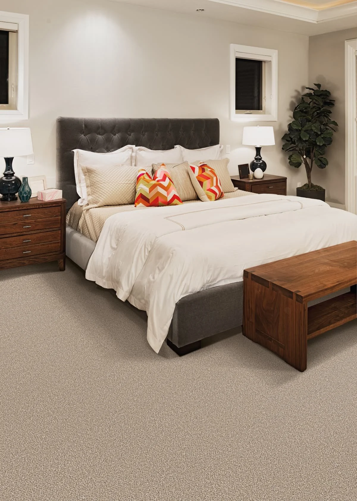 a bedroom with Brazen 1 carpet by Engineered Floors.  A beautiful flush warm, soft carpet perfect for bedrooms and living rooms.  Light color