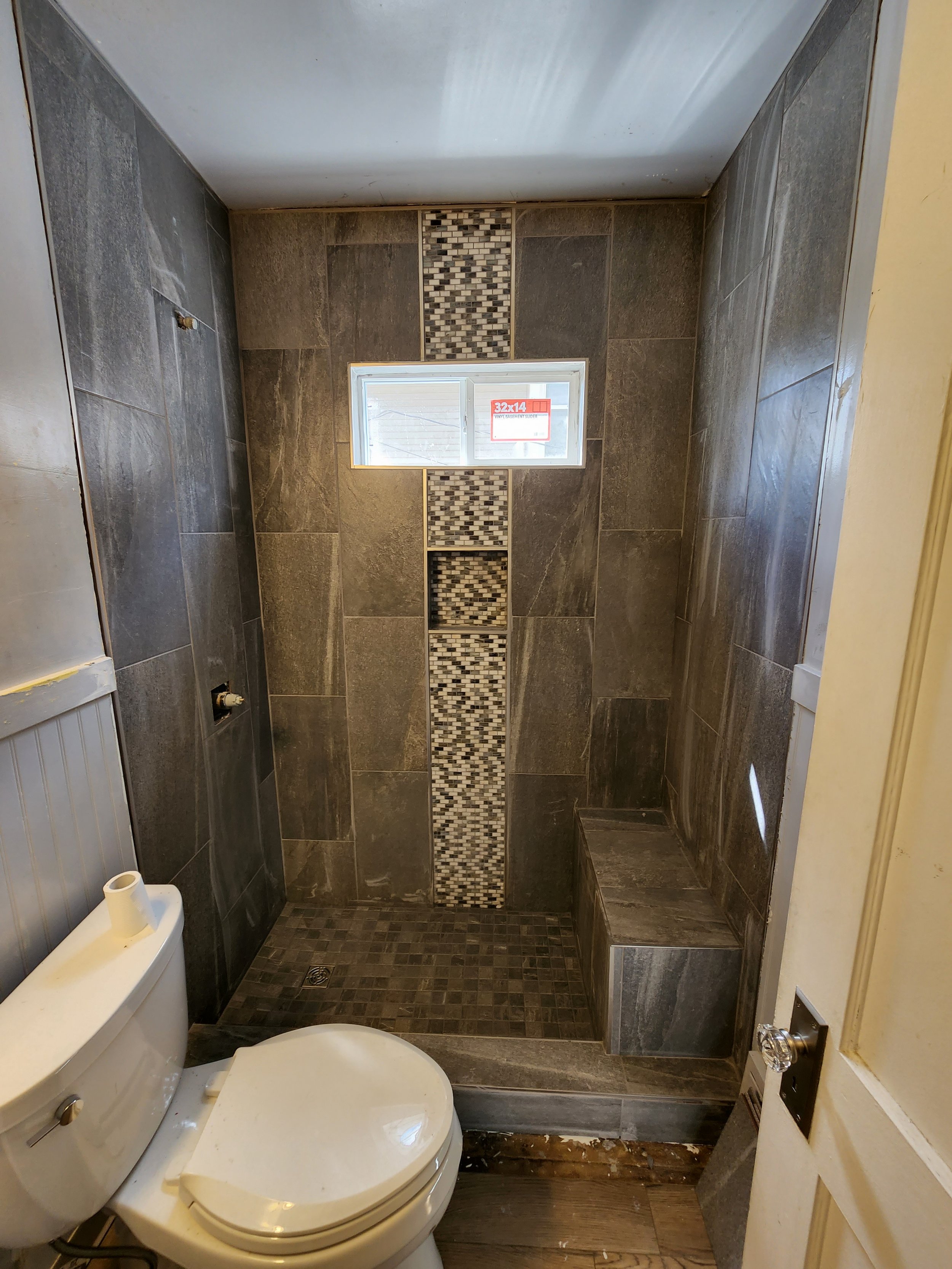 Tile, shower, custom work, waterproof, shower bench,  shower install