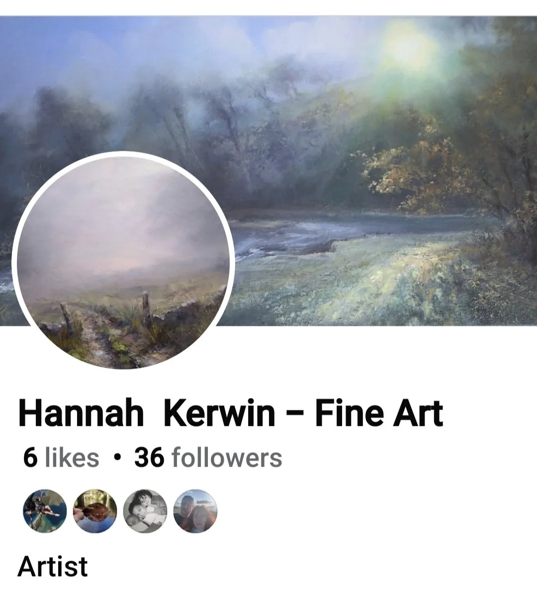 Hannah Kerwin's Instagram. Digital landscape painting depicting a misty river scene with trees on the riverbank and a soft, diffuse light in the sky.