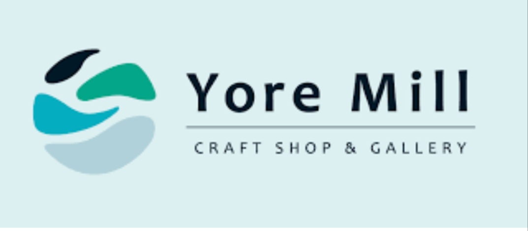 Logo for Yore Mill Craft Shop & Gallery, featuring abstract shapes in black, teal, green, and light gray.