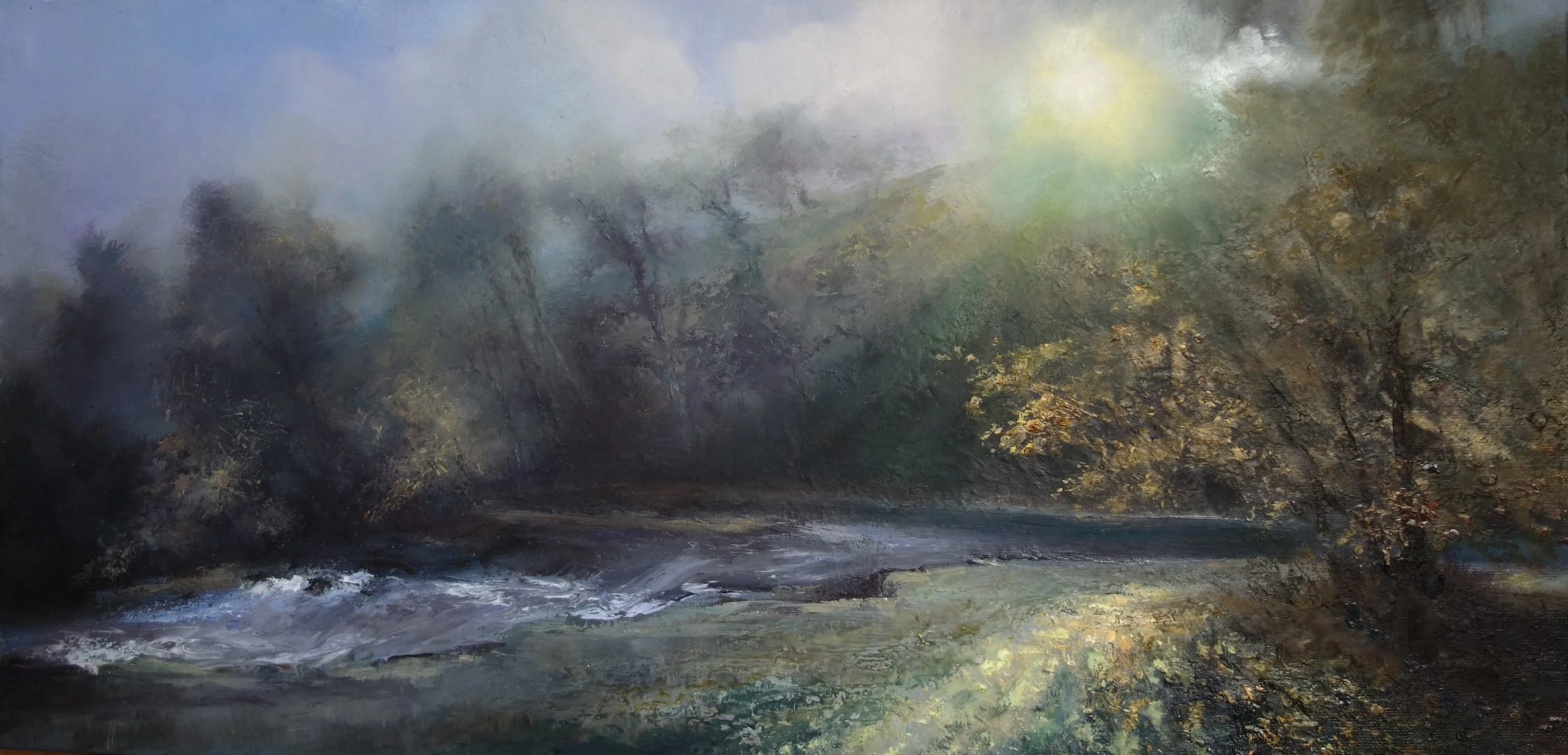 An impressionistic landscape painting of a river flowing through a forest with trees on either side, under a cloudy sky with sunlight breaking through.