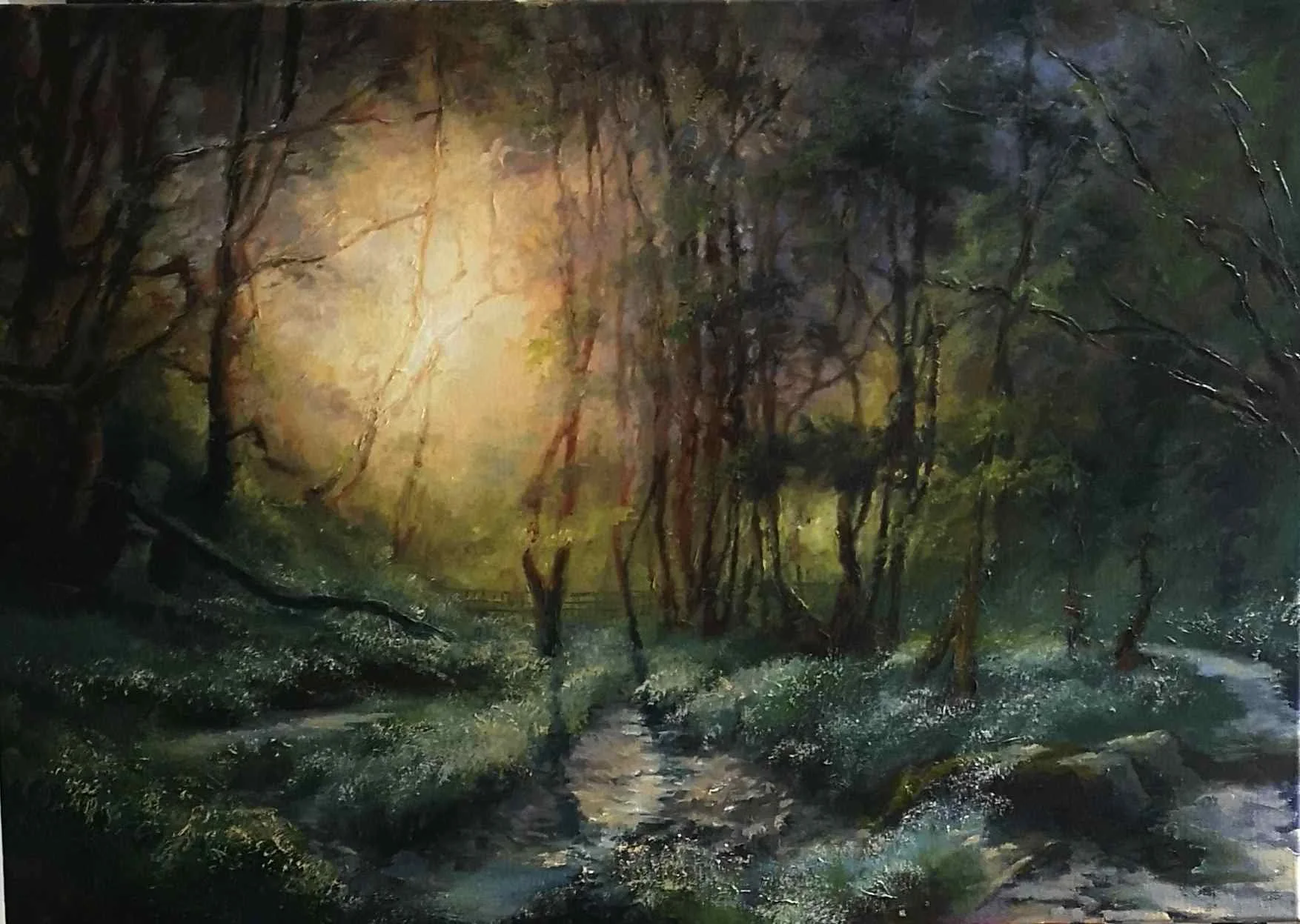 A painting of a forest scene with trees and a small stream or river flowing through it in a natural setting, with sunlight filtering through the branches.