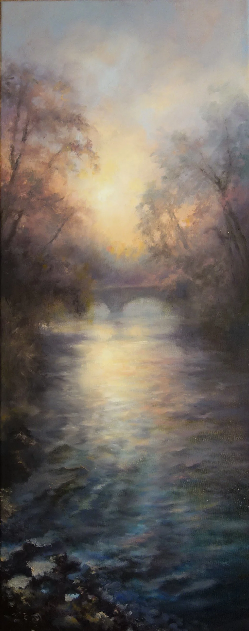 A tranquil landscape painting of a river with a stone bridge, surrounded by trees with pink and orange leaves, illuminated by soft sunlight.