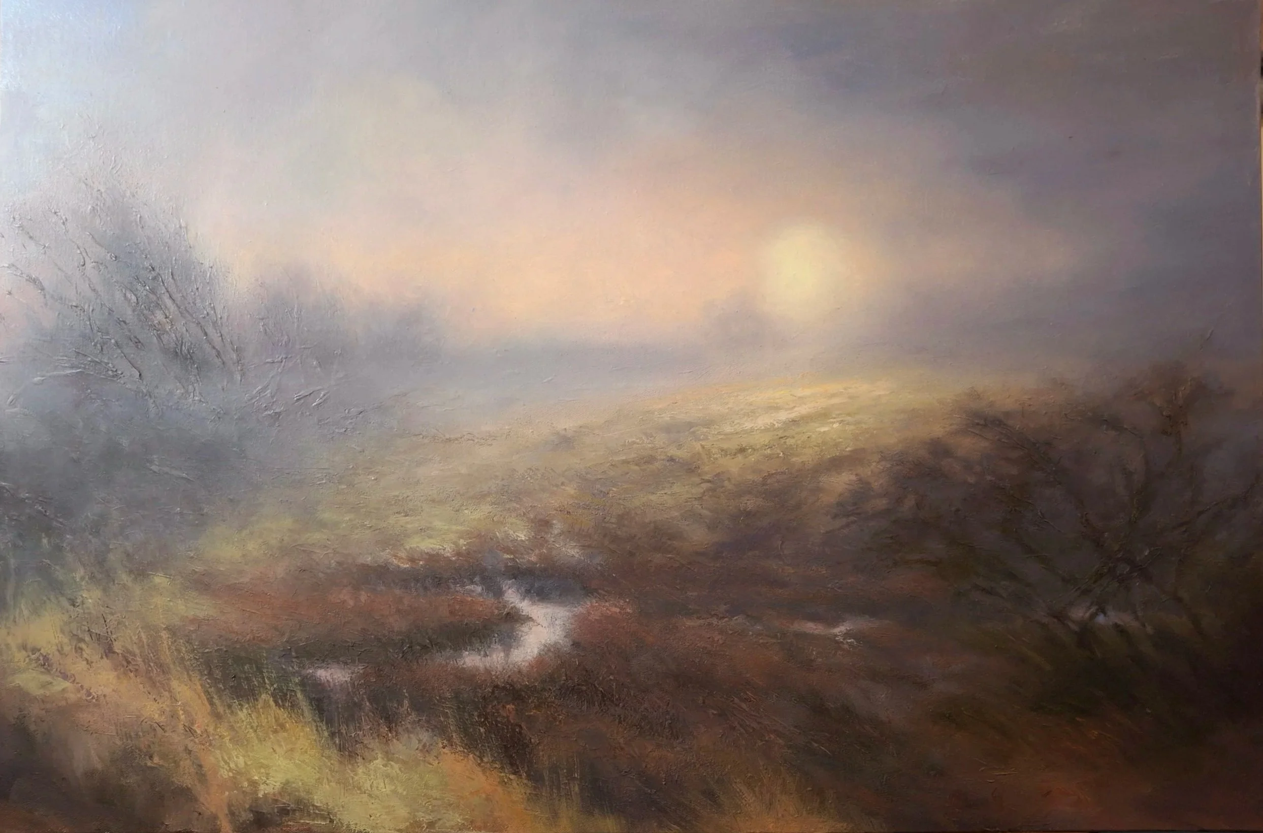 Oil painting of a serene landscape with a cloudy sky, a bridge over a waterway, and trees with sparse leaves.