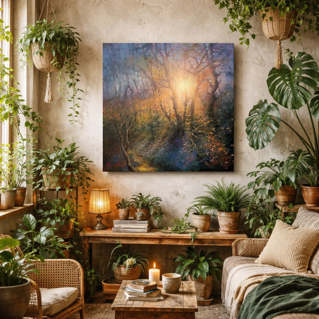 Evening Serenity Light on Bluebell Wood  Original Oil on canvas