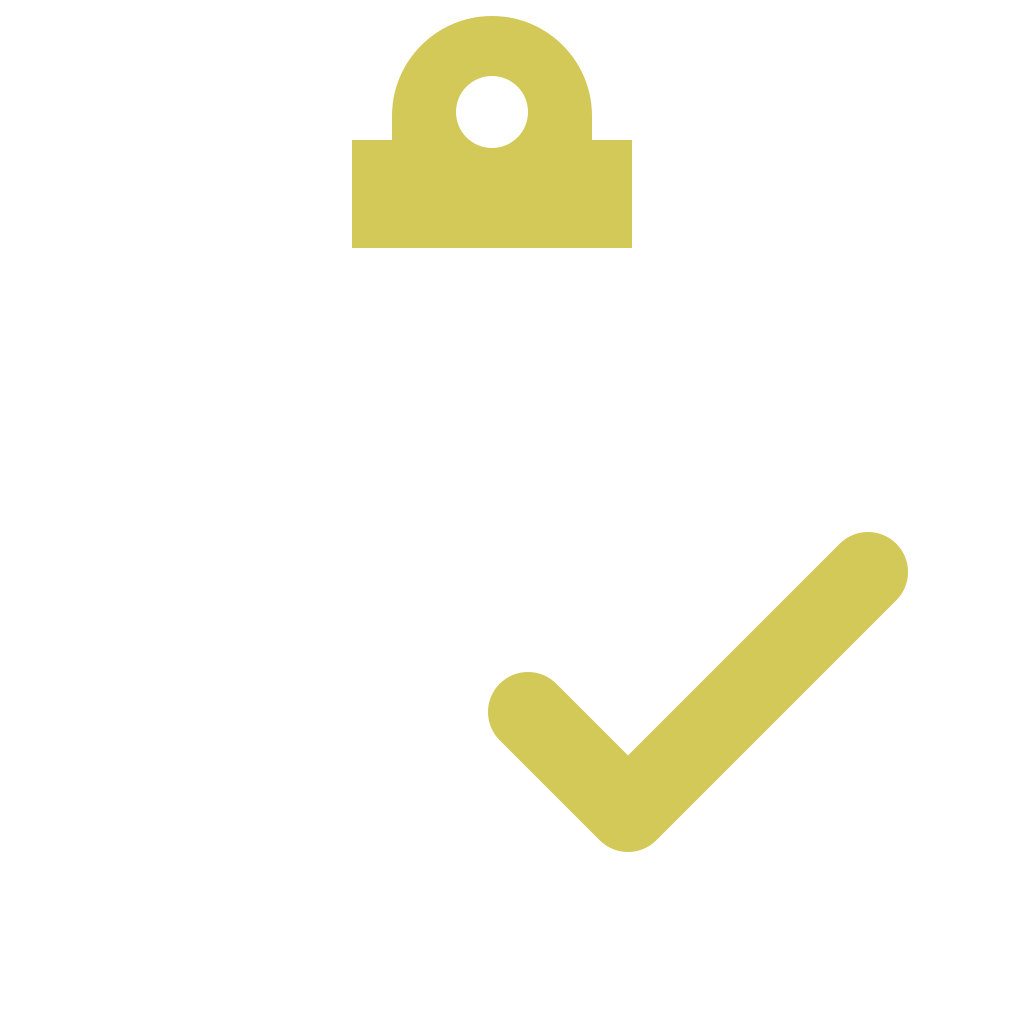 Icon of a gold checkmark below a gold clipboard or document icon.