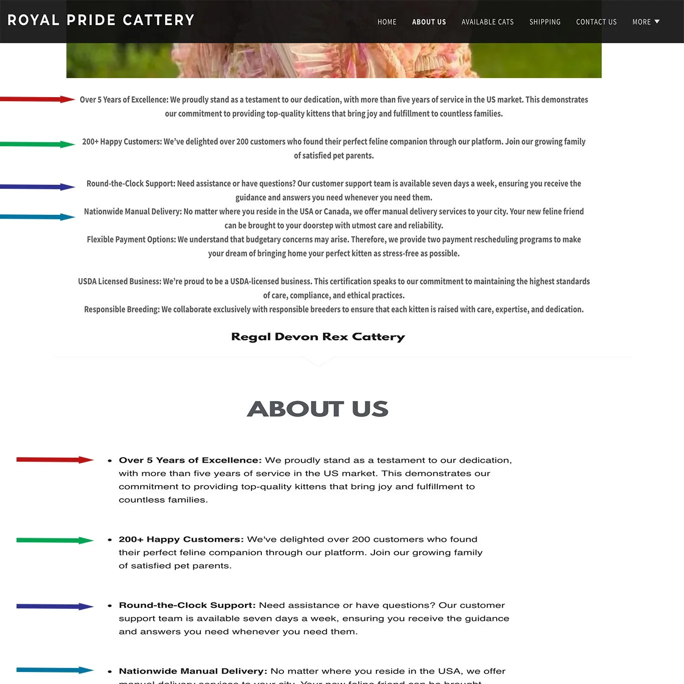 Screenshot of a veterinary service website with sections about experience, customer satisfaction, support, delivery, payment options, licensing, and responsible breeding. The website's menu bar includes links to Home, About Us, Available Cats, Shipping, Contact Us, and more.