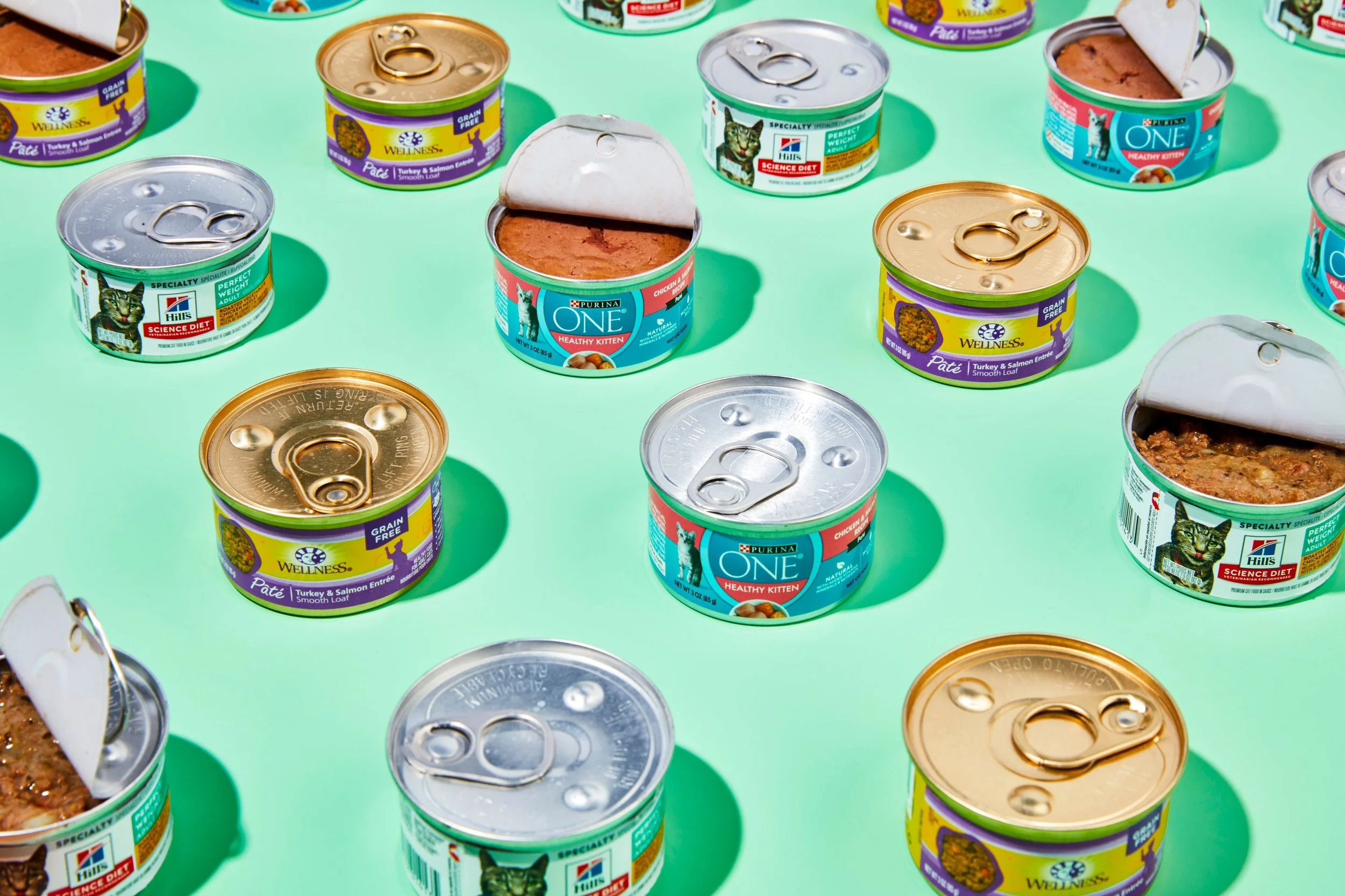 Arranged scattered cans of cat food on a mint green background, with some cans opened and partially opened.