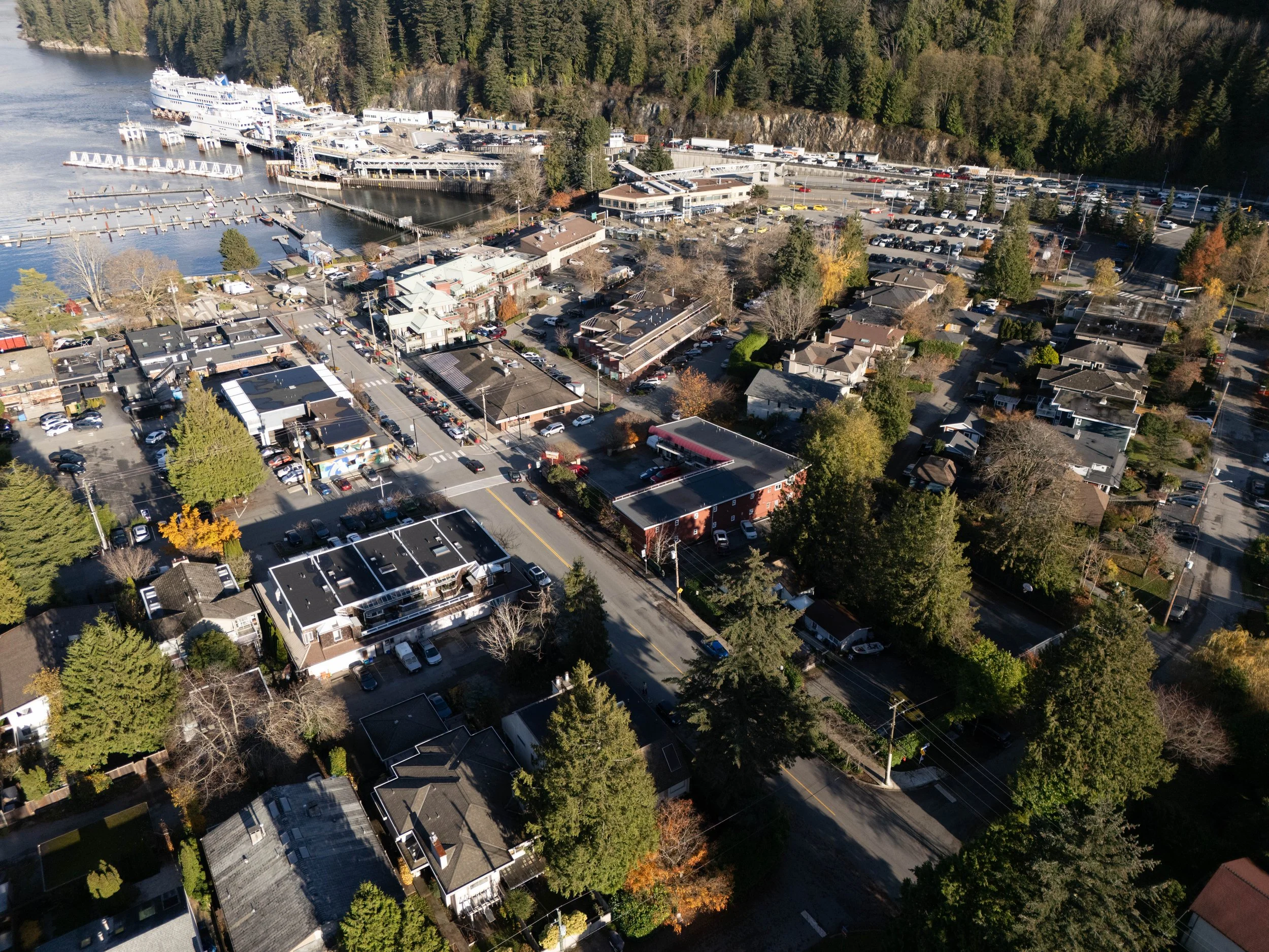 Aerial view of a small town or neighborhood near a marina on a river, with boats, parking lots, commercial buildings, houses, and trees.