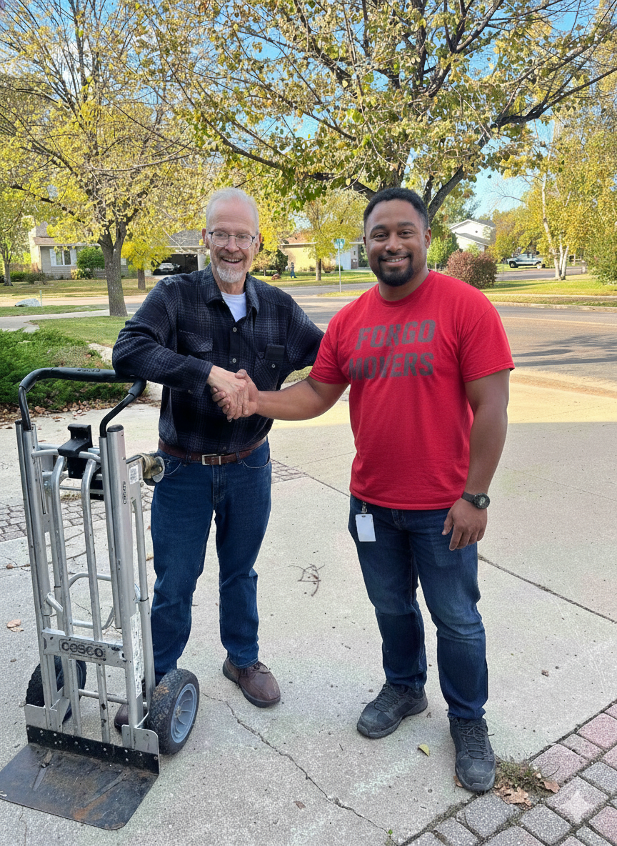 Two men shaking hands outdoors on a sidewalk, smiling, with a hand truck nearby, in a residential neighborhood with trees and houses in the background.