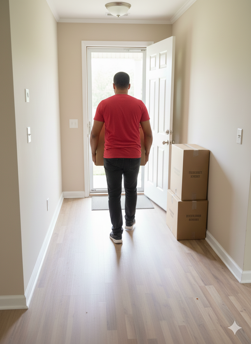 A man in a red shirt and dark pants walking into a home through a glass door, carrying a box, with two other boxes stacked nearby in the entryway.