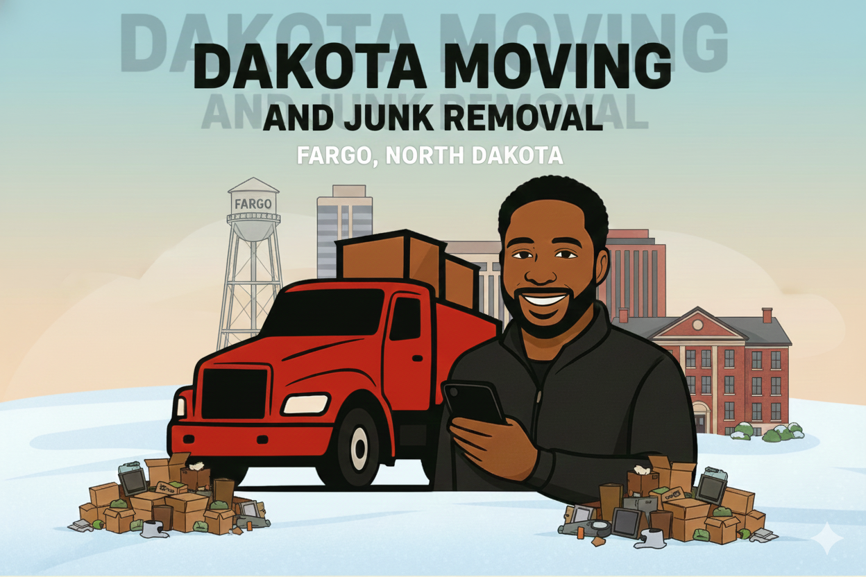 Illustration of a smiling man holding a phone in front of a red moving truck, with piles of junk and electronics on the ground, and a Fargo, North Dakota cityscape in the background, promoting Dakota Moving and Junk Removal.