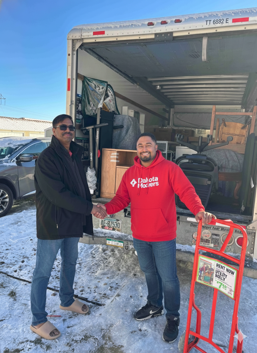 Two men shaking hands in front of a moving truck filled with furniture and boxes on a snowy day.