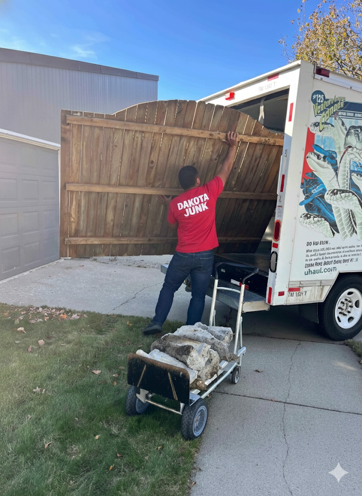 A man in a red shirt with 'Dakota Junk' written on the back is opening a large wooden gate attached to a moving truck. The truck has colorful marine-themed graphics on the side. In front of him, there's a hand truck loaded with bricks or stones parked on a concrete driveway next to a grassy area with some fallen leaves. The background includes a grey garage door and a blue sky with a few clouds.
