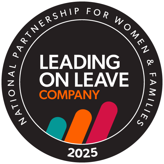 A circular logo for the National Partnership for Women & Families with the text "Leading on Leave Company 2025" and three upward-slanting bars in teal, orange, and pink.